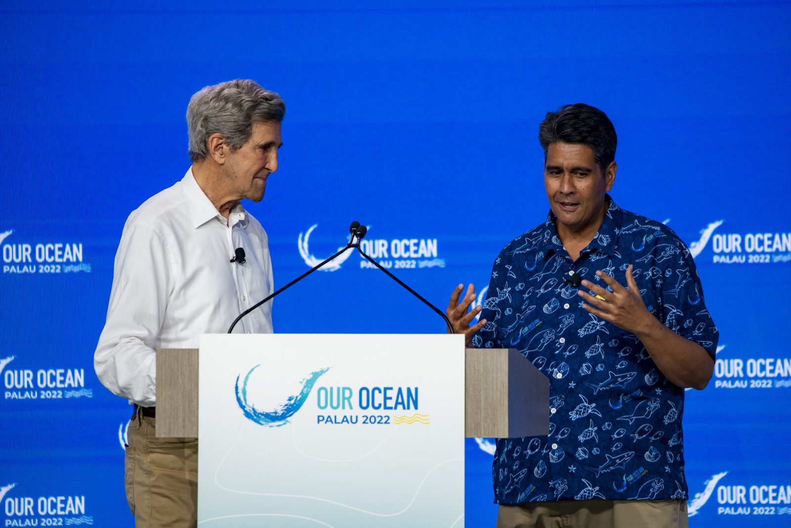 U.S. Special Presidential Envoy for Climate John Kerry (left) and Palau President Surangel Whipps Jr., at the 2022 Our Oceans conference in Palau. 