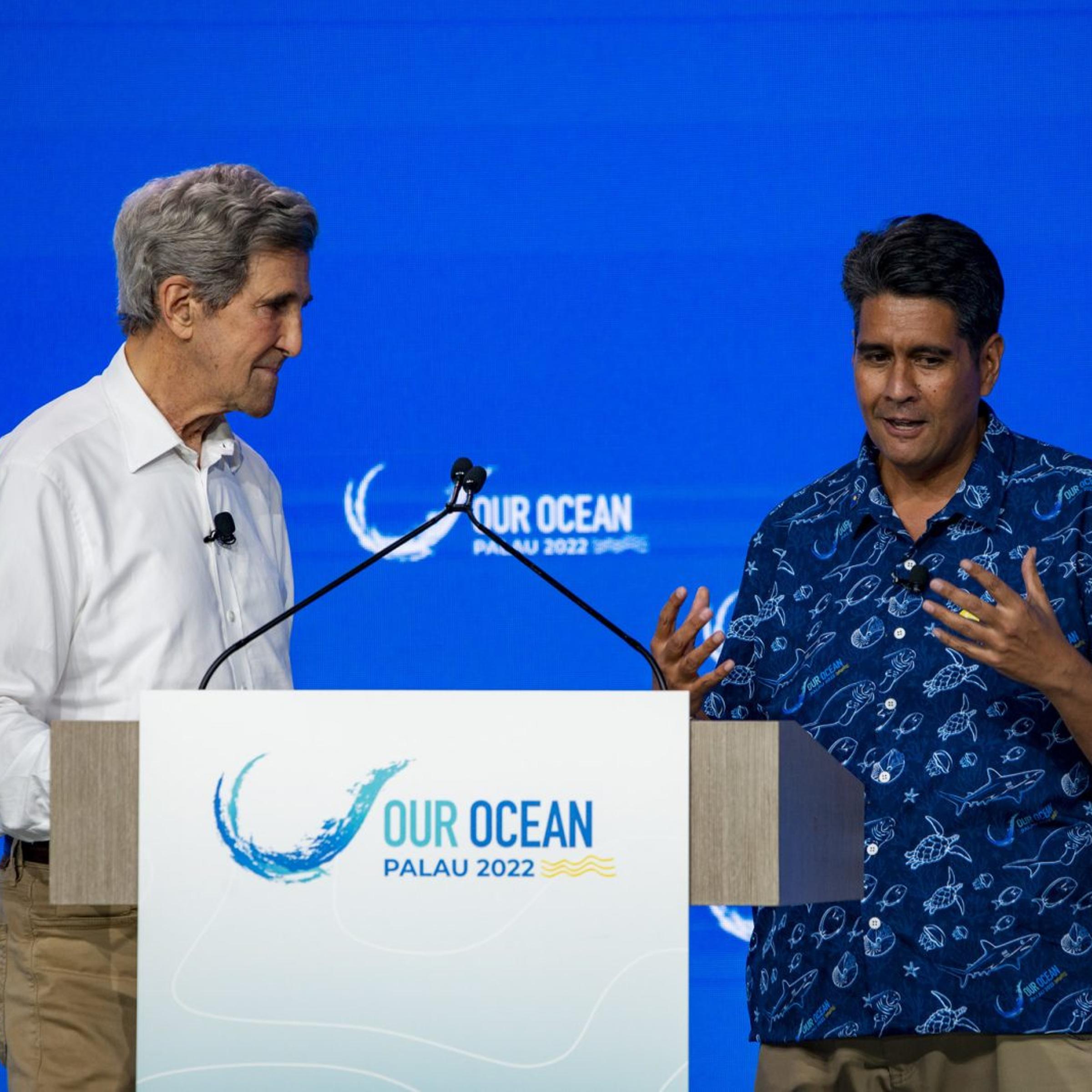 U.S. Special Presidential Envoy for Climate John Kerry (left) and Palau President Surangel Whipps Jr., at the 2022 Our Oceans conference in Palau.