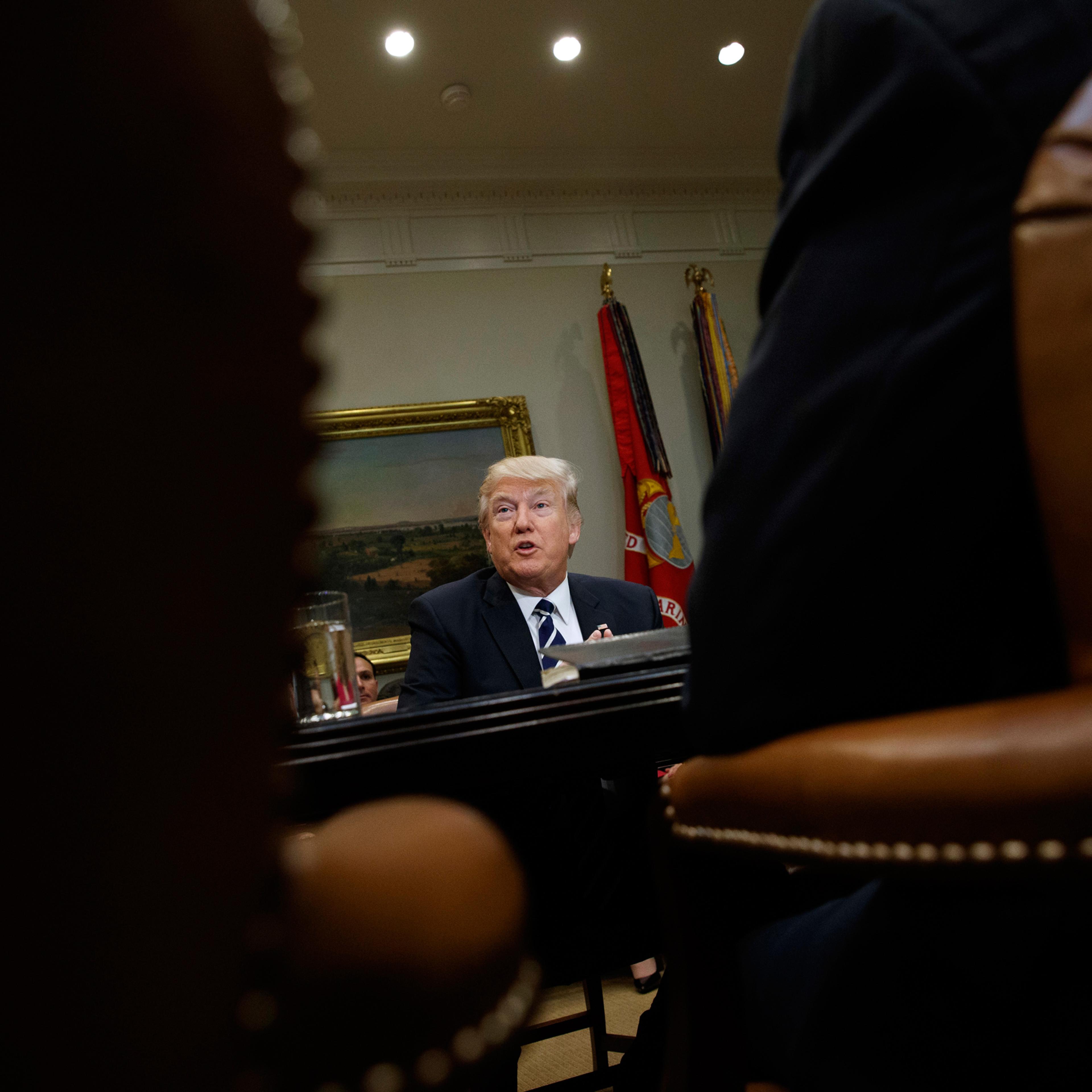 President Donald Trump speaks during a meeting with parents and teachers, Tuesday, Feb. 14, 2017, in the Roosevelt Room of the White House in Washington. (AP Photo/Evan Vucci)