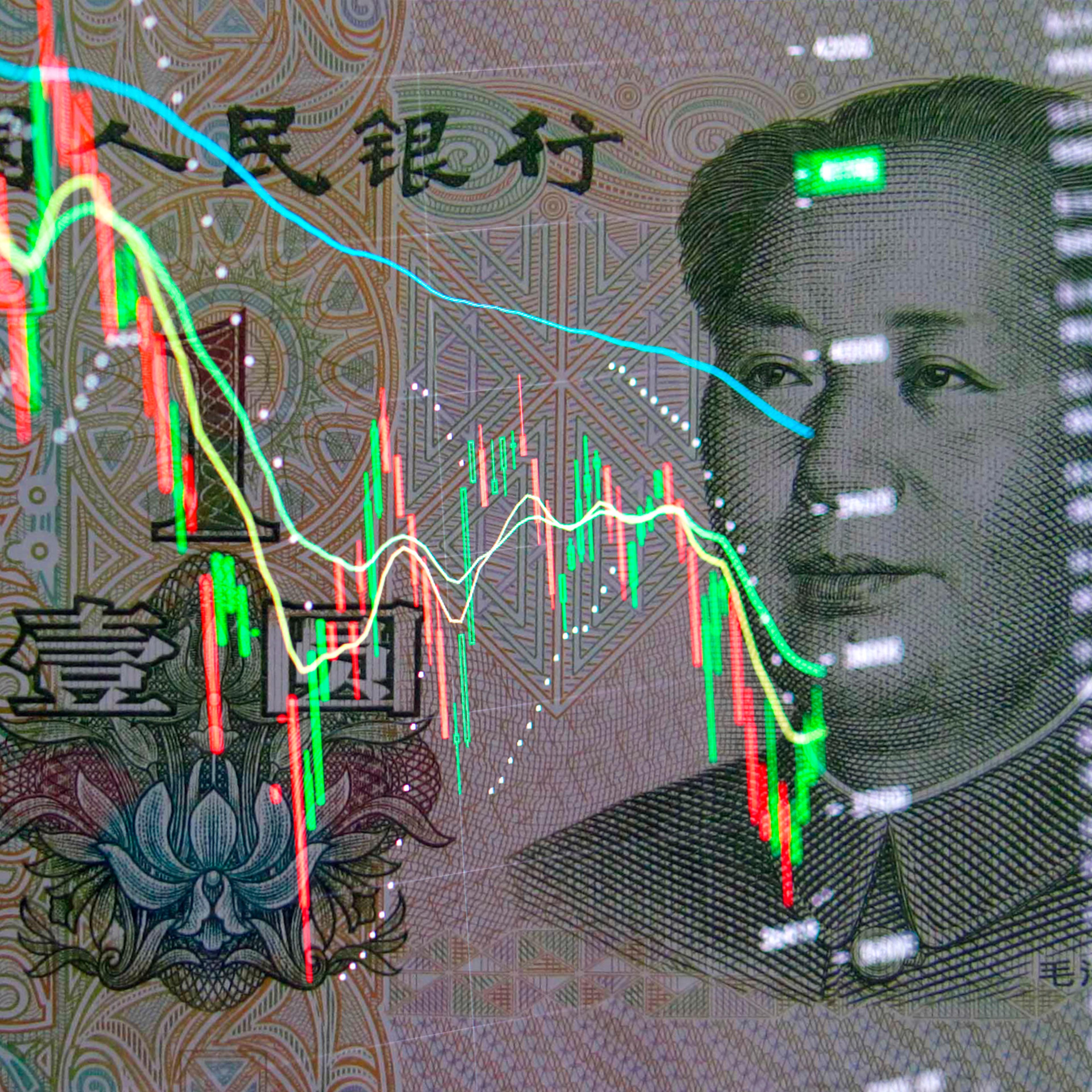 Yuan banknote on the background of stock charts. Economy of China