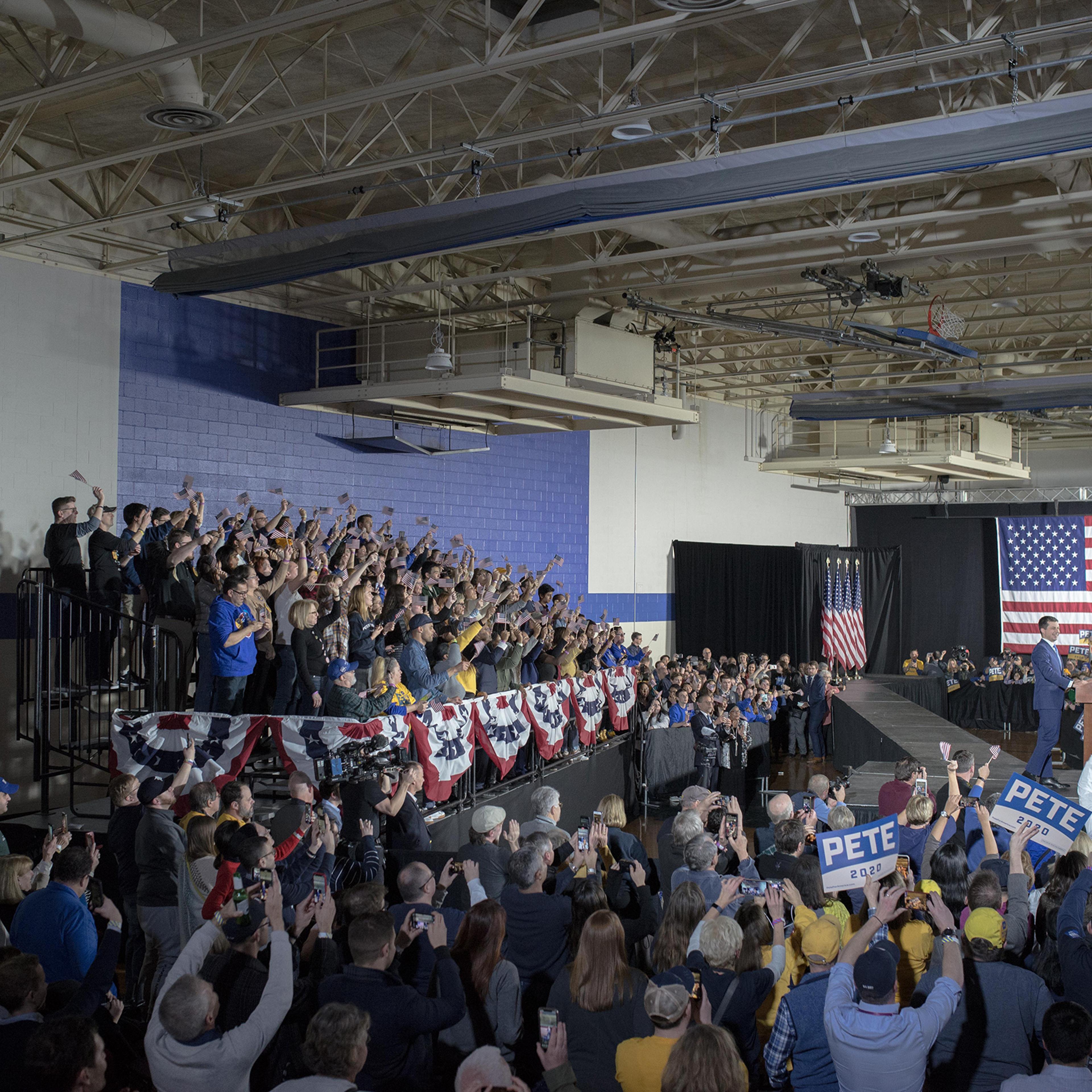 Buttigieg claims victory at his caucus-night party at Drake University in Des Moines