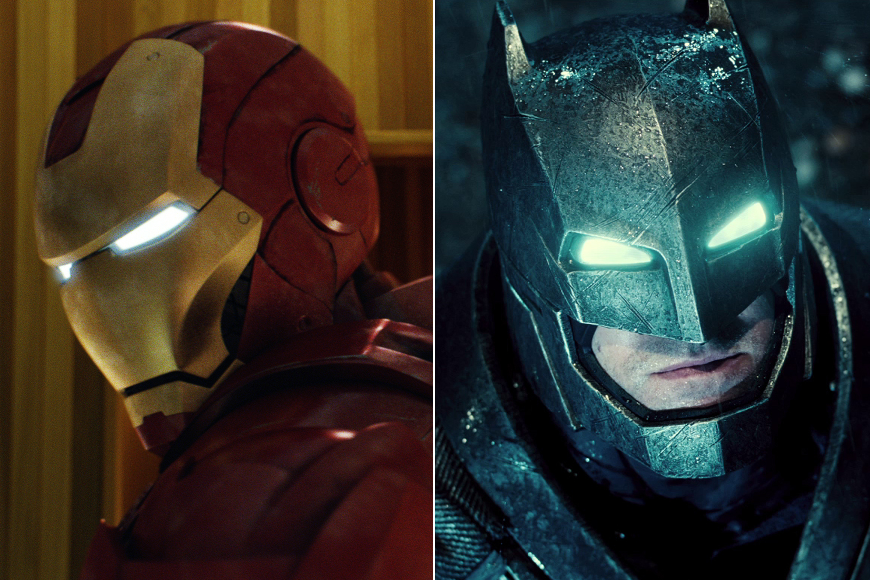 Robert Downey Jr. stars as Iron Man in "Iron Man 2" (L); Ben Affleck stars as Batman in "Batman vs. Superman"