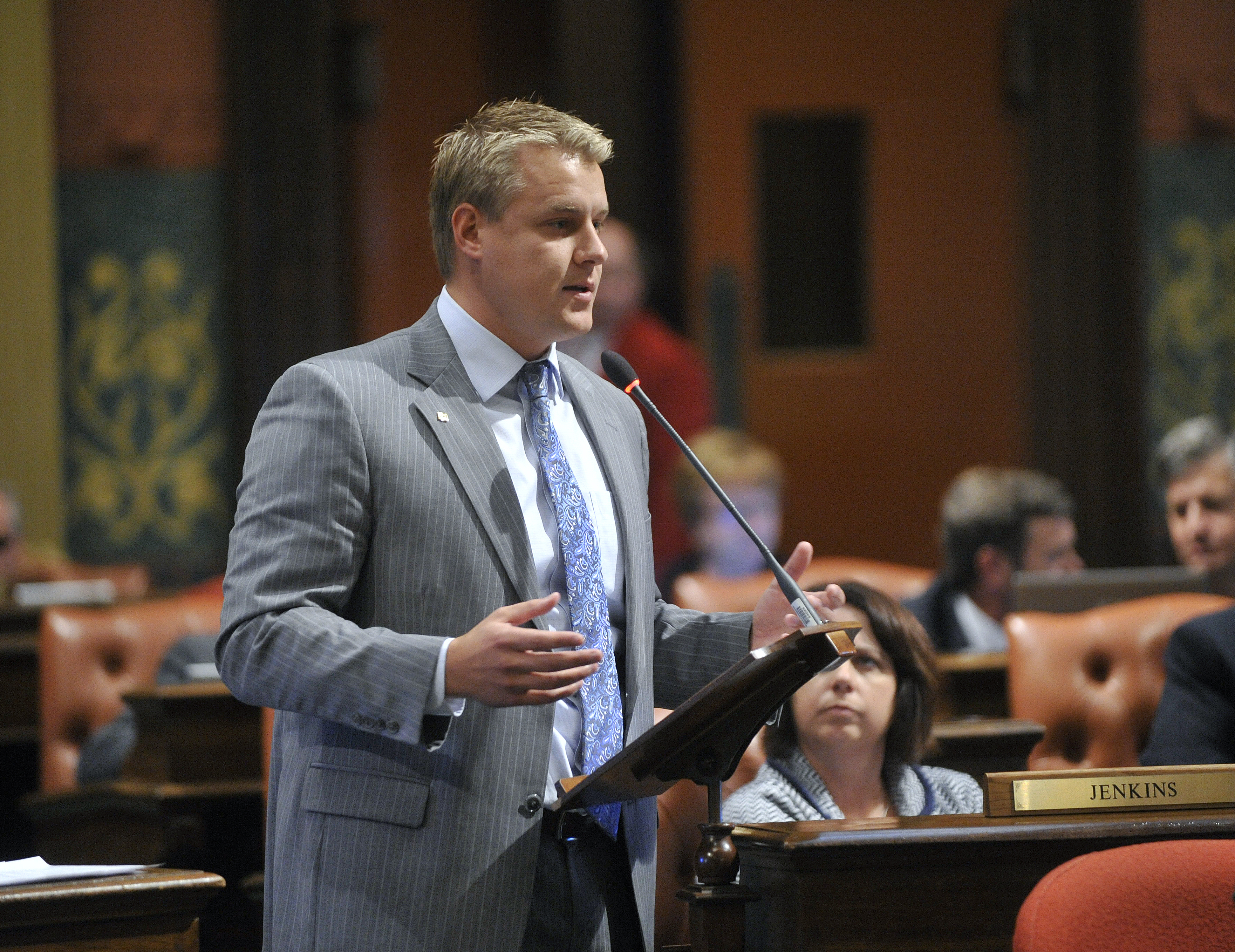 Michigan Rep. Frank Foster (R) speaks on the floor in the Michigan House of Representatives in Lansing. 