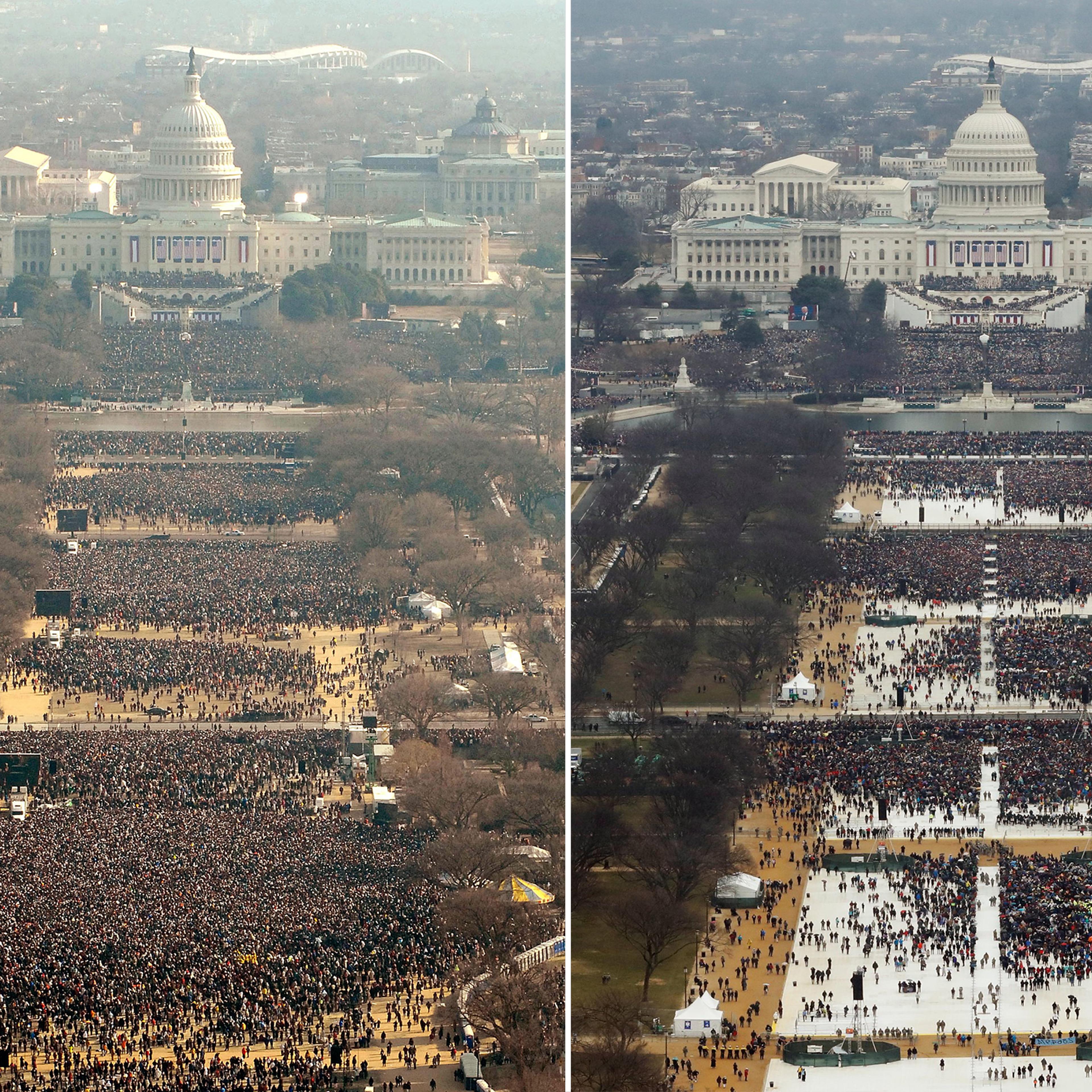 A composite image shows the inauguration crows for Barack Obama in 2009, left, and Donald Trump in 2017.