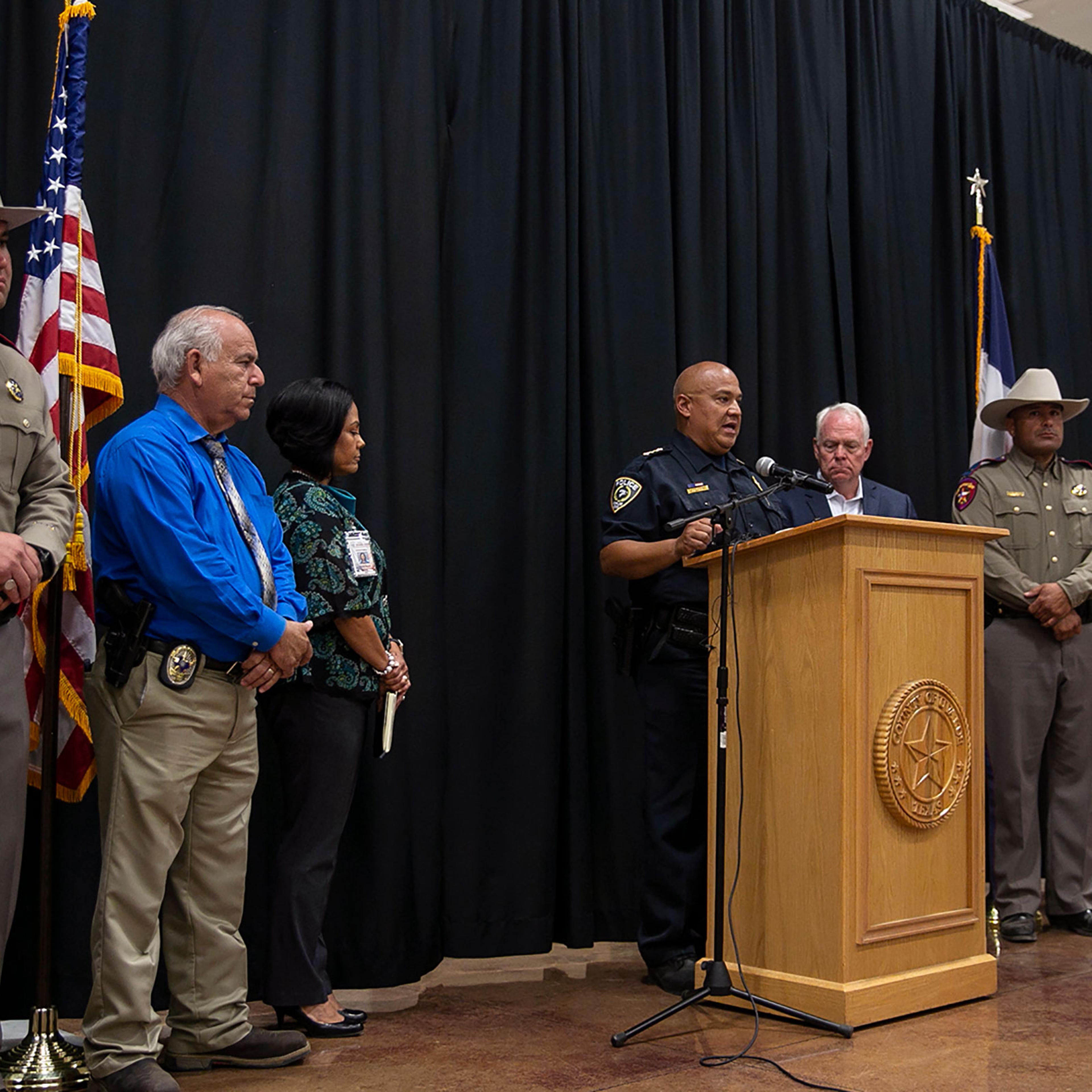 May 24, 2022; Uvalde, TX, USA; Uvalde school police chief Pete Arredondo speaks at a press conference following the shooting at