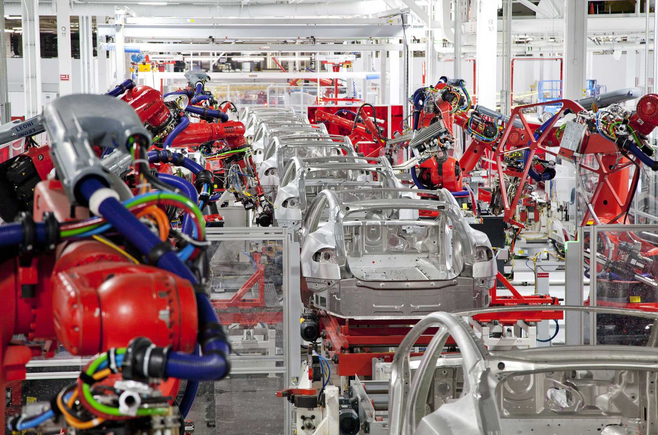 Model S cars on the assembly line at the Tesla Factory in Fremont, Calif.
