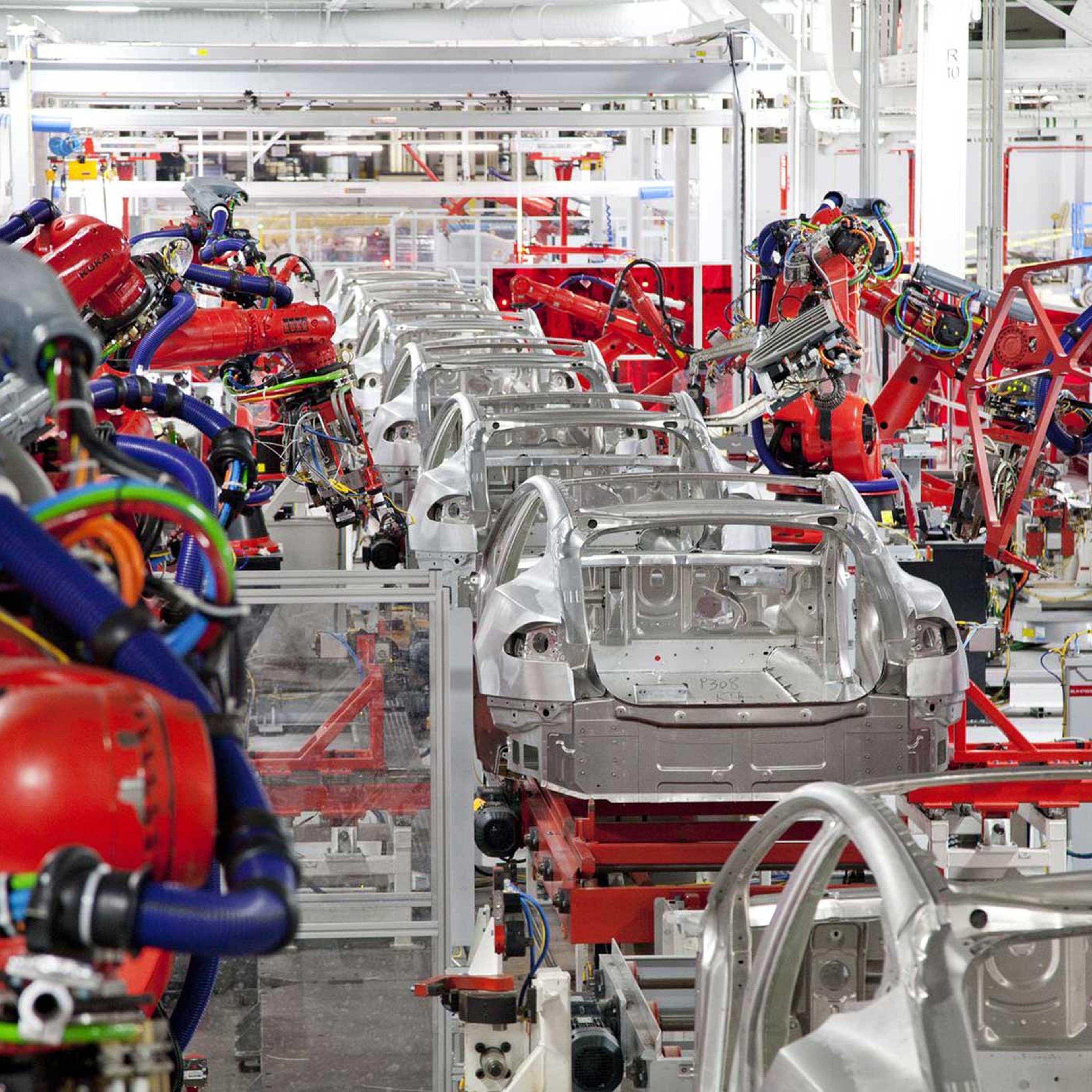 Model S cars on the assembly line at the Tesla Factory in Fremont, Calif.