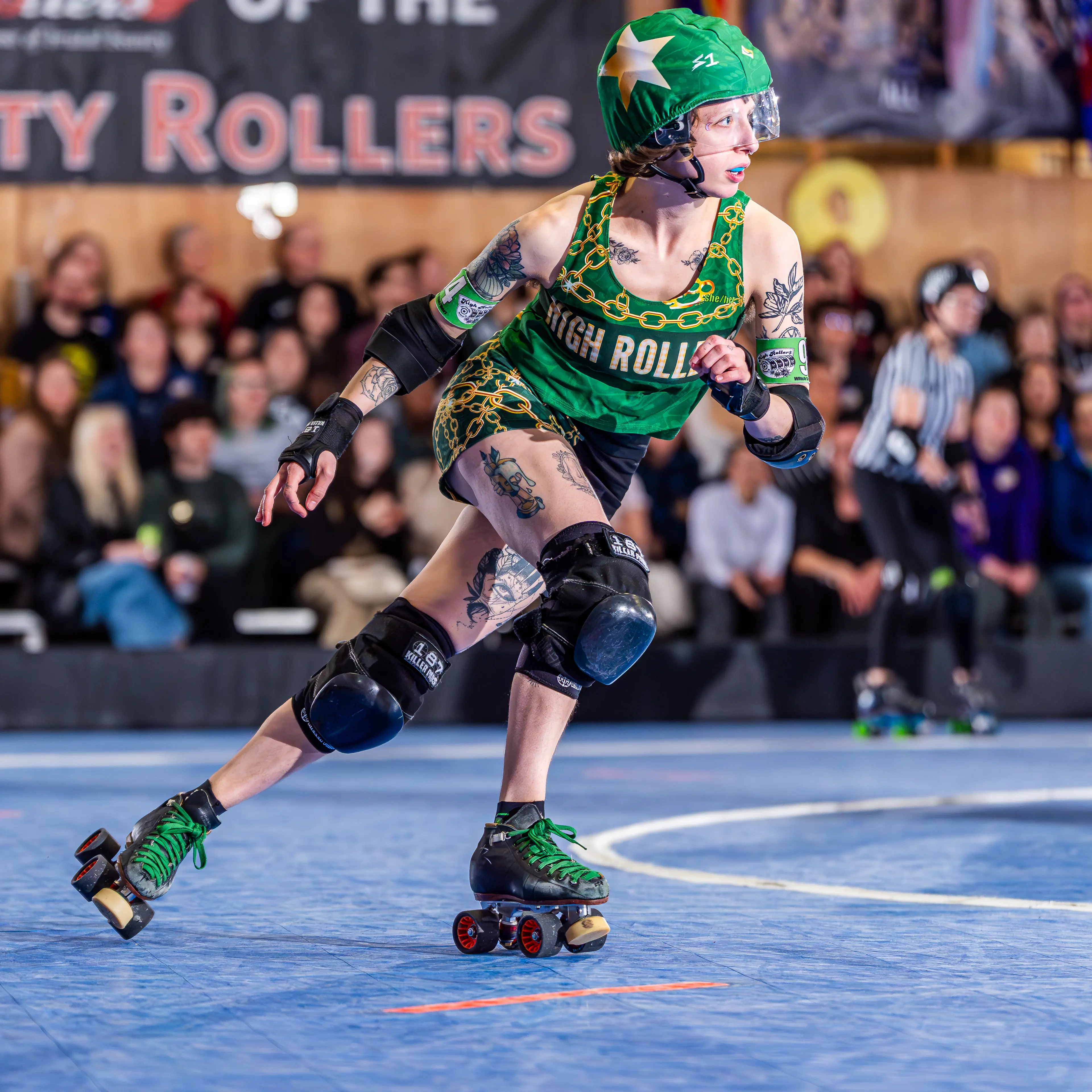 Margot Fisher skating during a roller derby game on Feb. 1, 2025 in Portland, Ore.