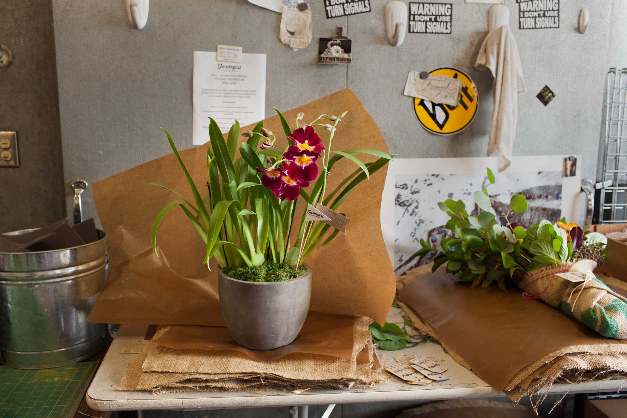 A flower arrangement before being wrapped and delivered.