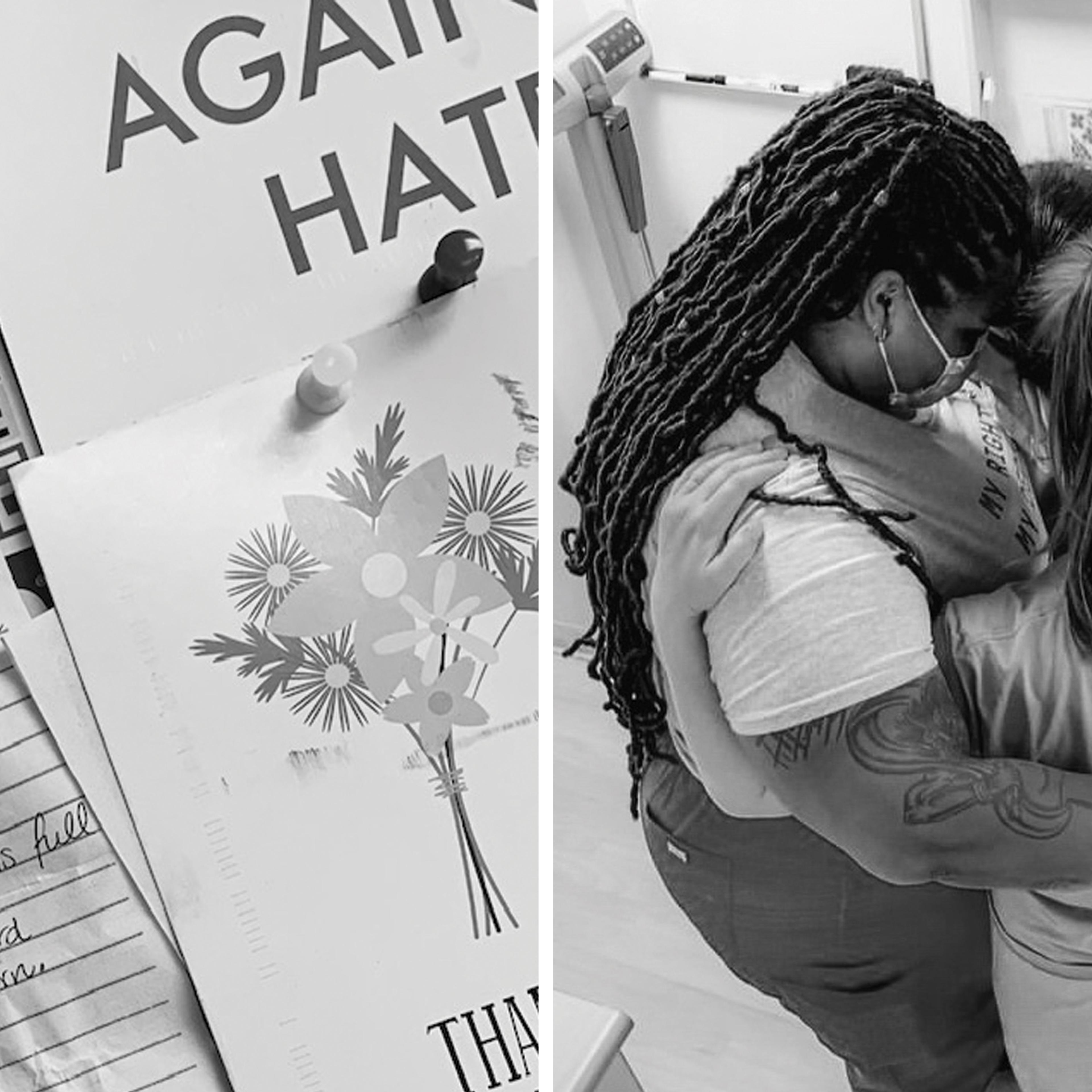 Left: Ada Limón's poem "Dead Stars" hangs in Matthew's workplace; Right: Clinic staff members embrace shortly after the Dobbs decision was announced in June