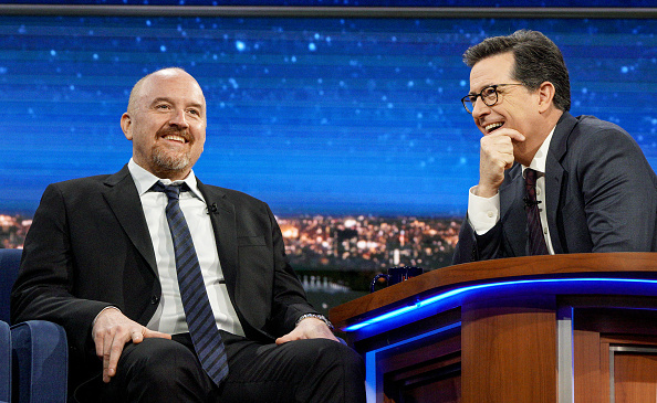 Stephen Colbert talks with Louis C.K. during the April 4, 2017 taping of The Late Show in New York.