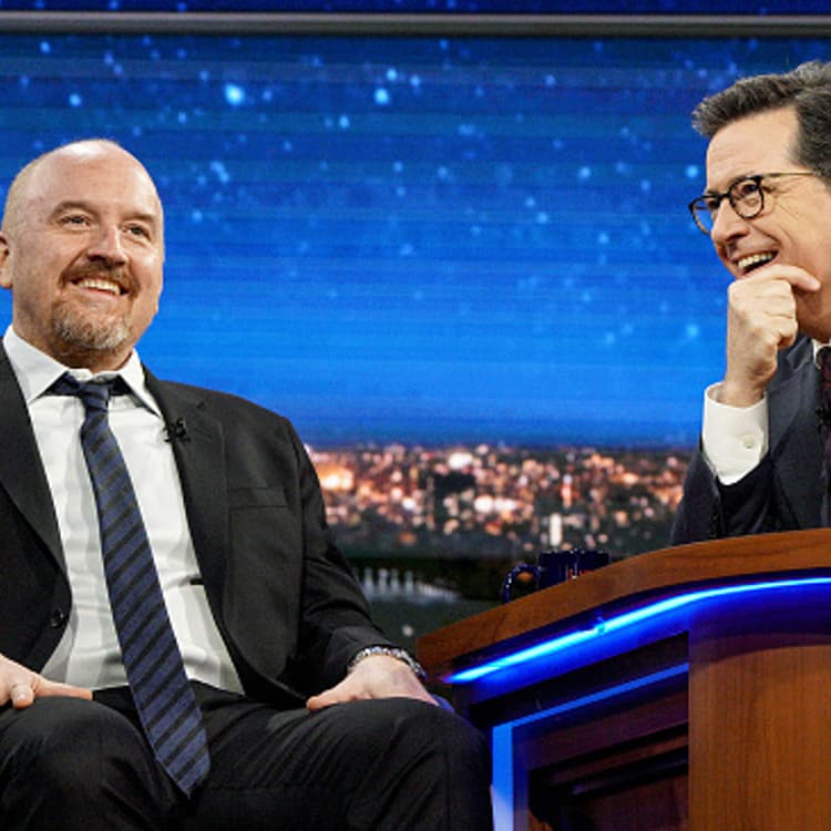 Stephen Colbert talks with Louis C.K. during the April 4, 2017 taping of The Late Show in New York.