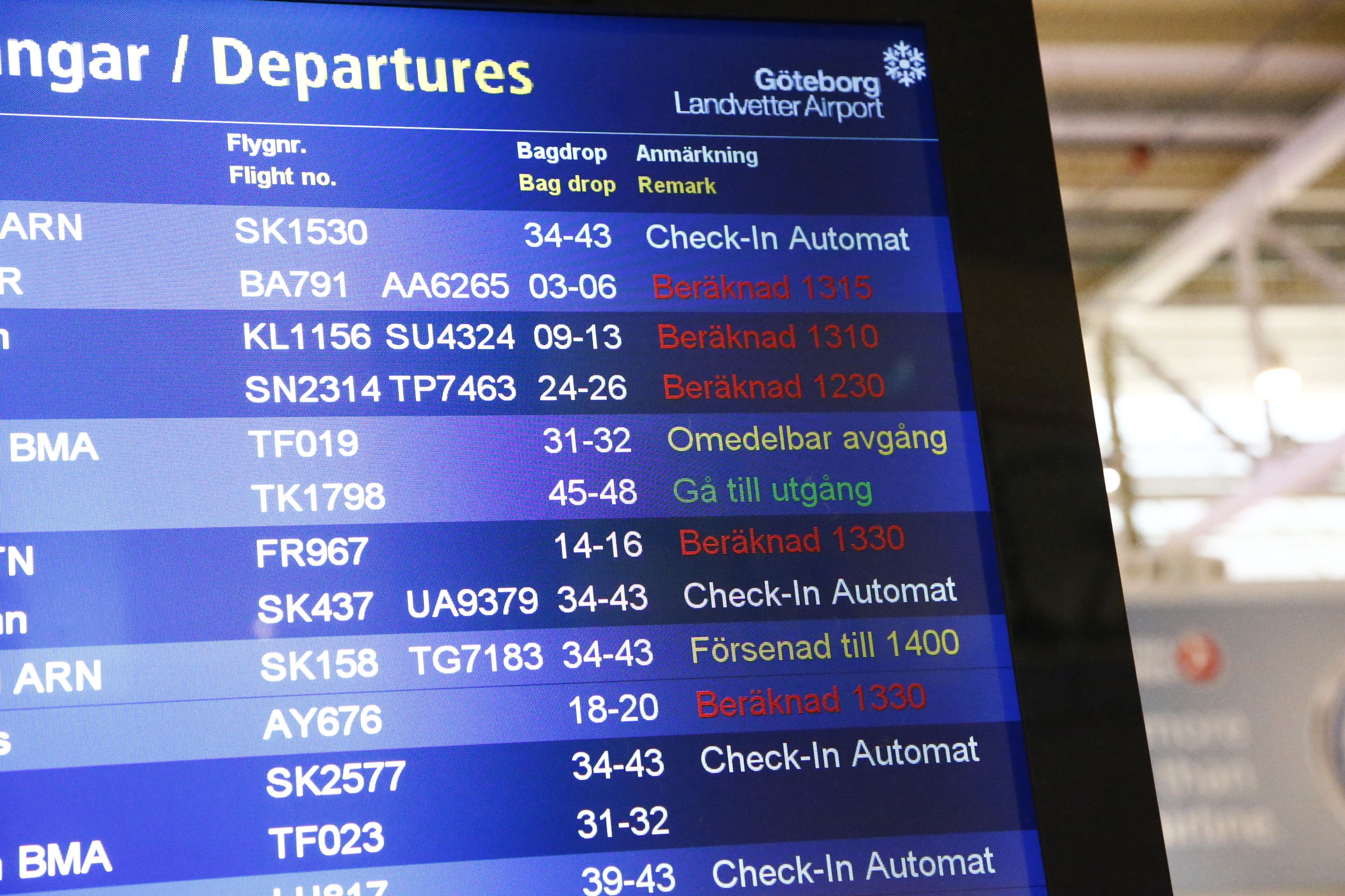 Picture of delayed departures at the Göteborg Landvetter Airport