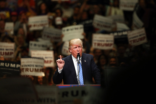 Republican presidential candidate Donald Trump speaks at a rally in Anaheim on May 25, 2016 in Anaheim, California.
