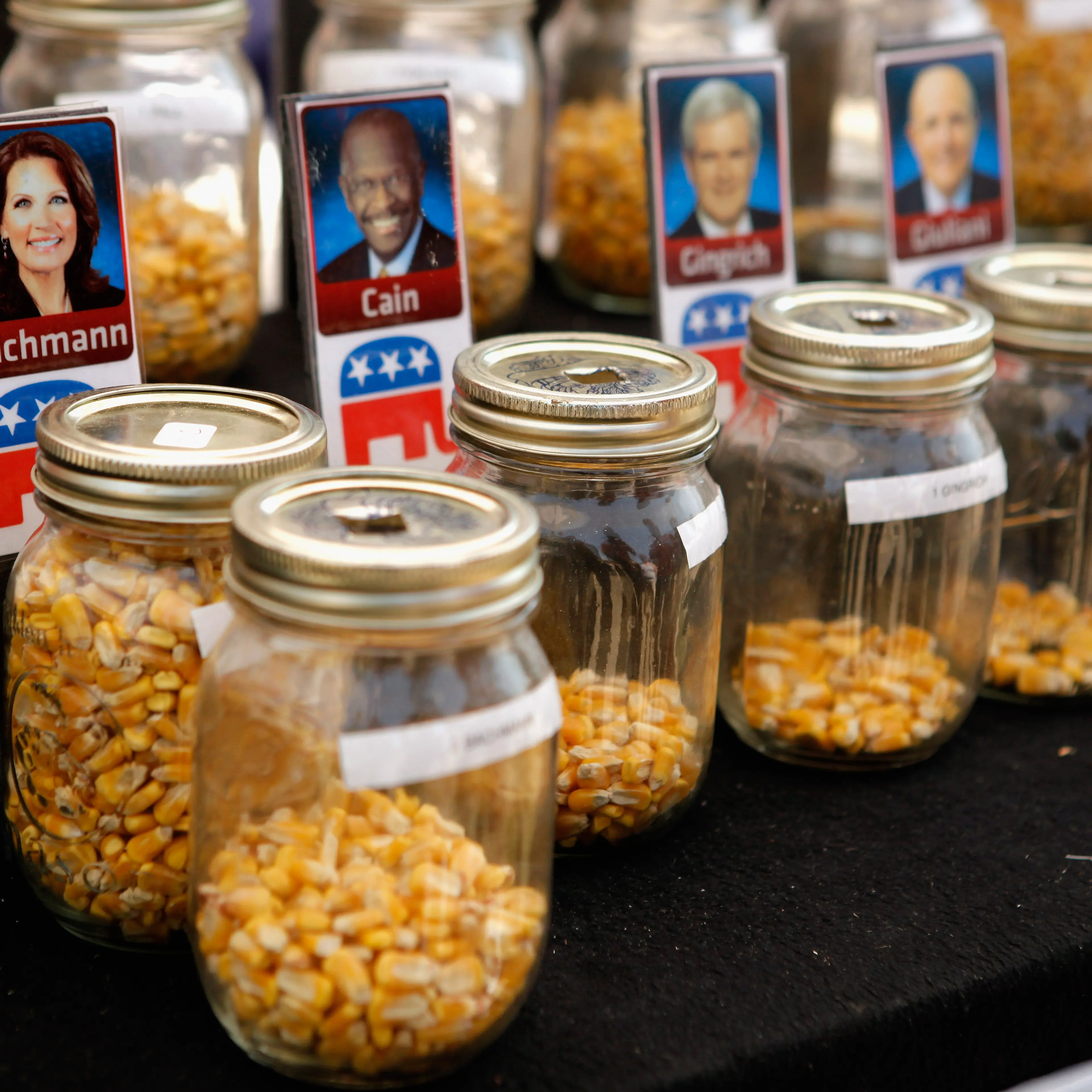 Fairgoers over the age of 18 are invited to drop one piece of corn into one of 14 jars with photos of their favorite Republican presidential candidate during the second day of the Iowa State Fair ahead of the Iowa Straw Poll on Aug. 12, 2011 in Des Moine