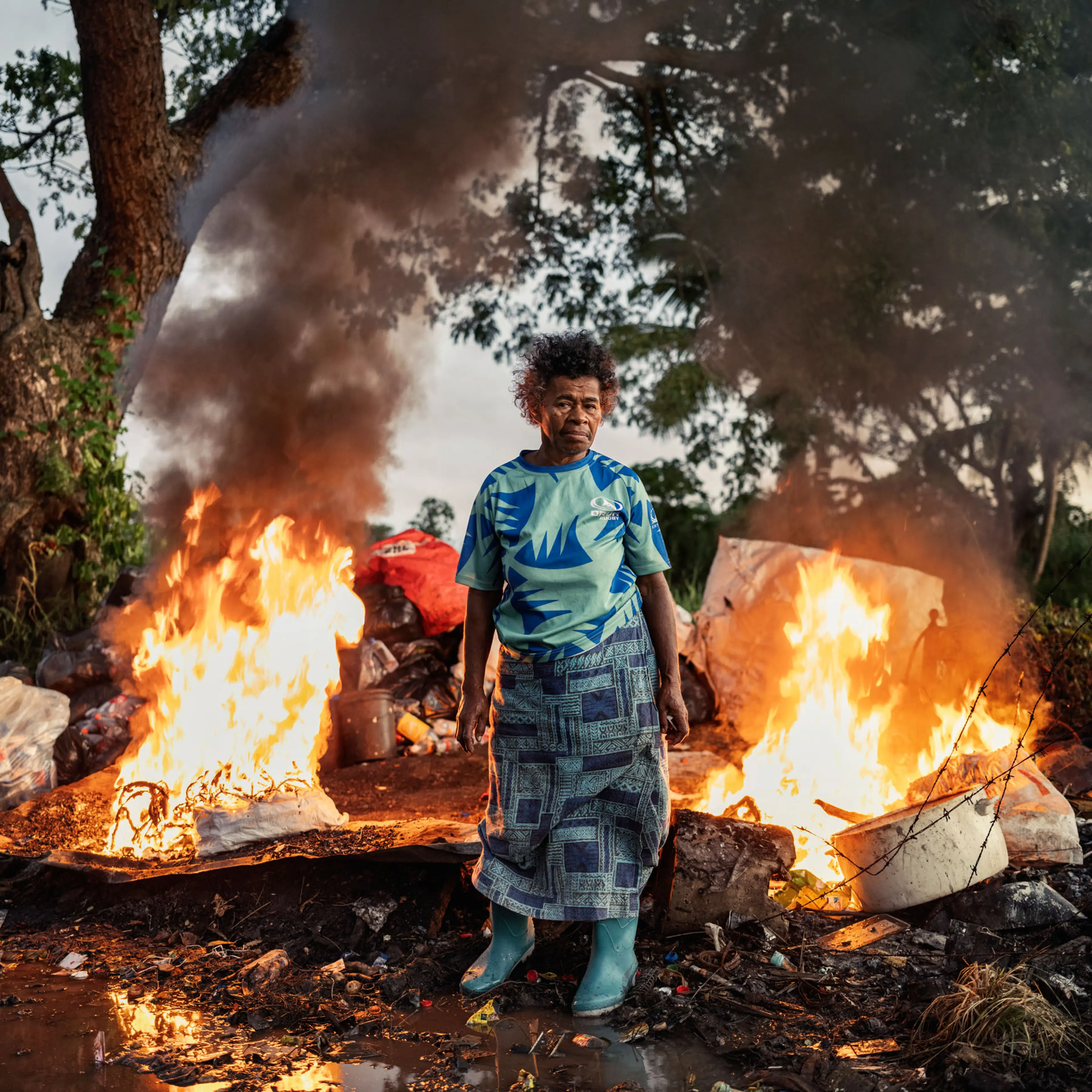 Asinate Lewabeka, a woman who makes an income washing and sorting cans, plastic bottles and other materials for recycling, burns trash near her home in Vunato settlement, Lautoka, on Viti Levu, Fiji on May 9, 2024. Photo by Adam Ferguson for TIME