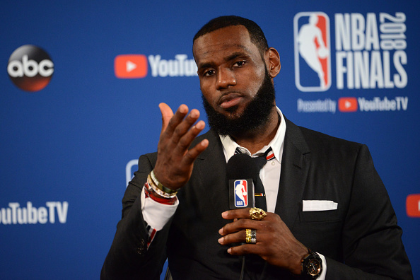 LeBron James talks to the media after Game 1 of the 2018 NBA Finals