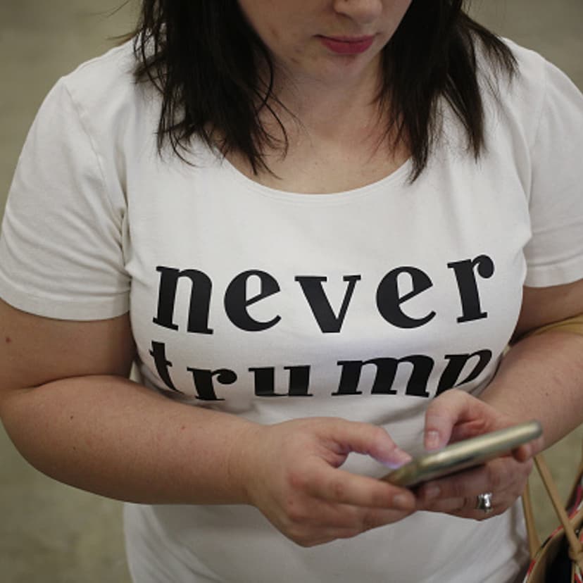 An attendee wears a "Never Trump" shirt during a campaign event for Donald Trump in Indianapolis, Indiana, April 20, 2016.