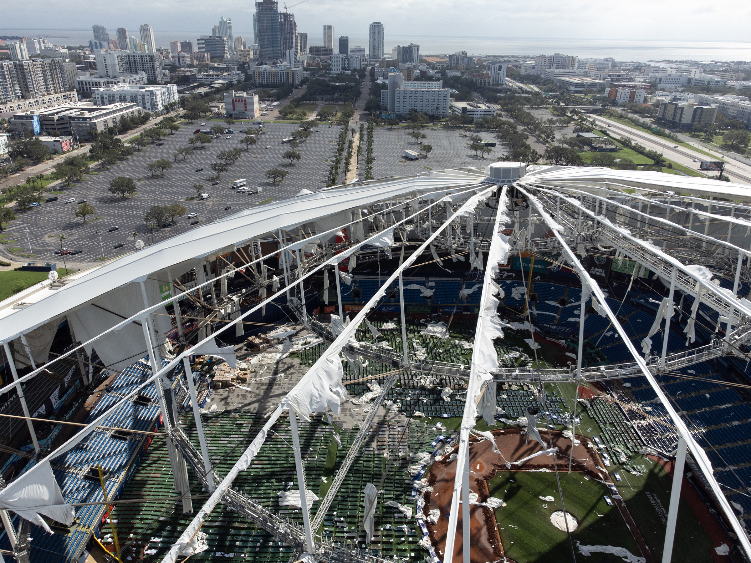 A drone image shows the damage to the dome of Tropicana Field in the aftermath of Hurricane Milton in St. Petersburg, Fla, on Oct. 10, 2024.