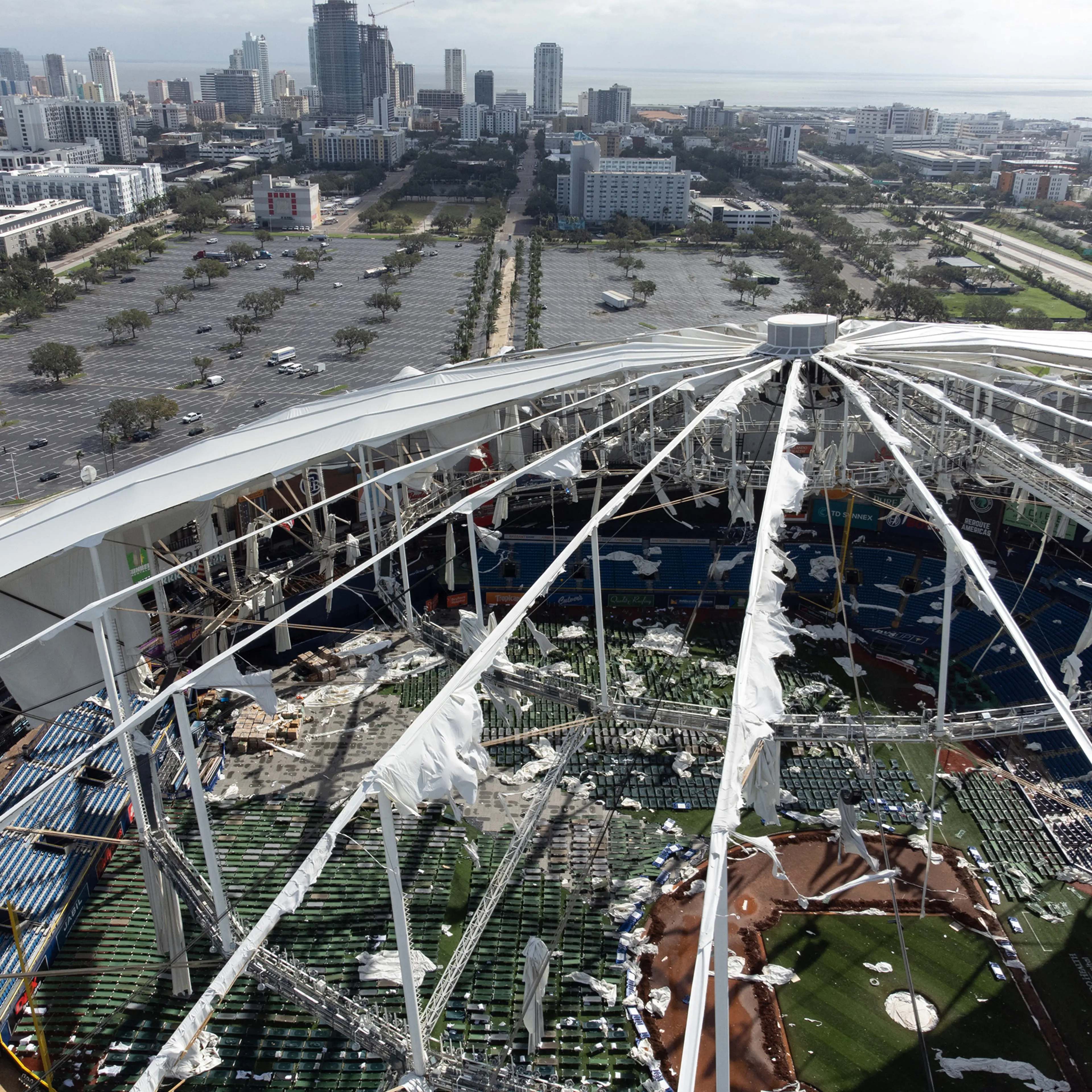 A drone image shows the damage to the dome of Tropicana Field in the aftermath of Hurricane Milton in St. Petersburg, Fla, on Oct. 10, 2024.