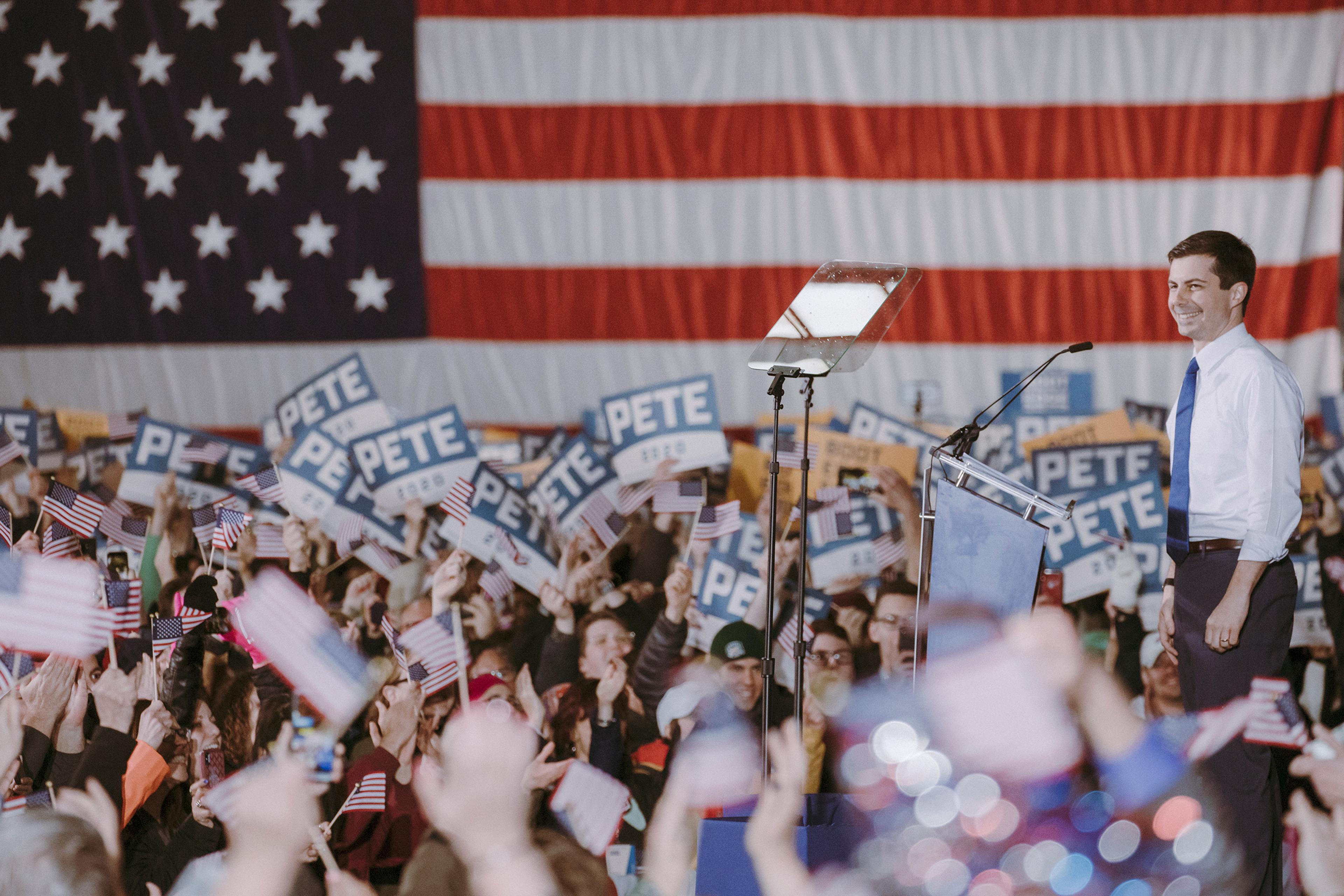 Mayor Pete Buttigieg on April 14 at his presidential campaign announcement in South Bend.