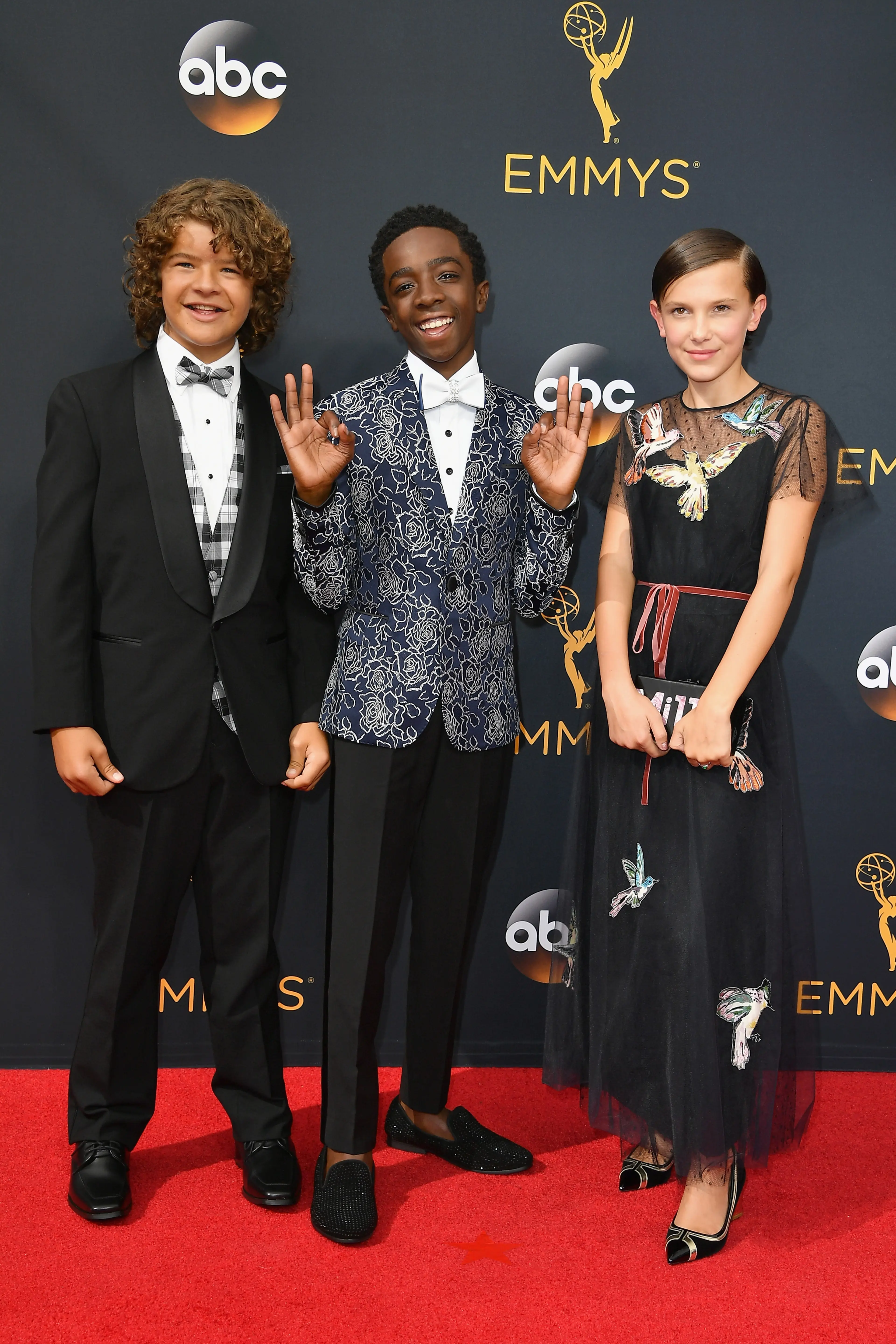 Gaten Matarazzo, Caleb McLaughlin and Millie Bobby Brown arrive at the 68th Annual Primetime Emmy Awards at Microsoft Theater on September 18, 2016 in Los Angeles.