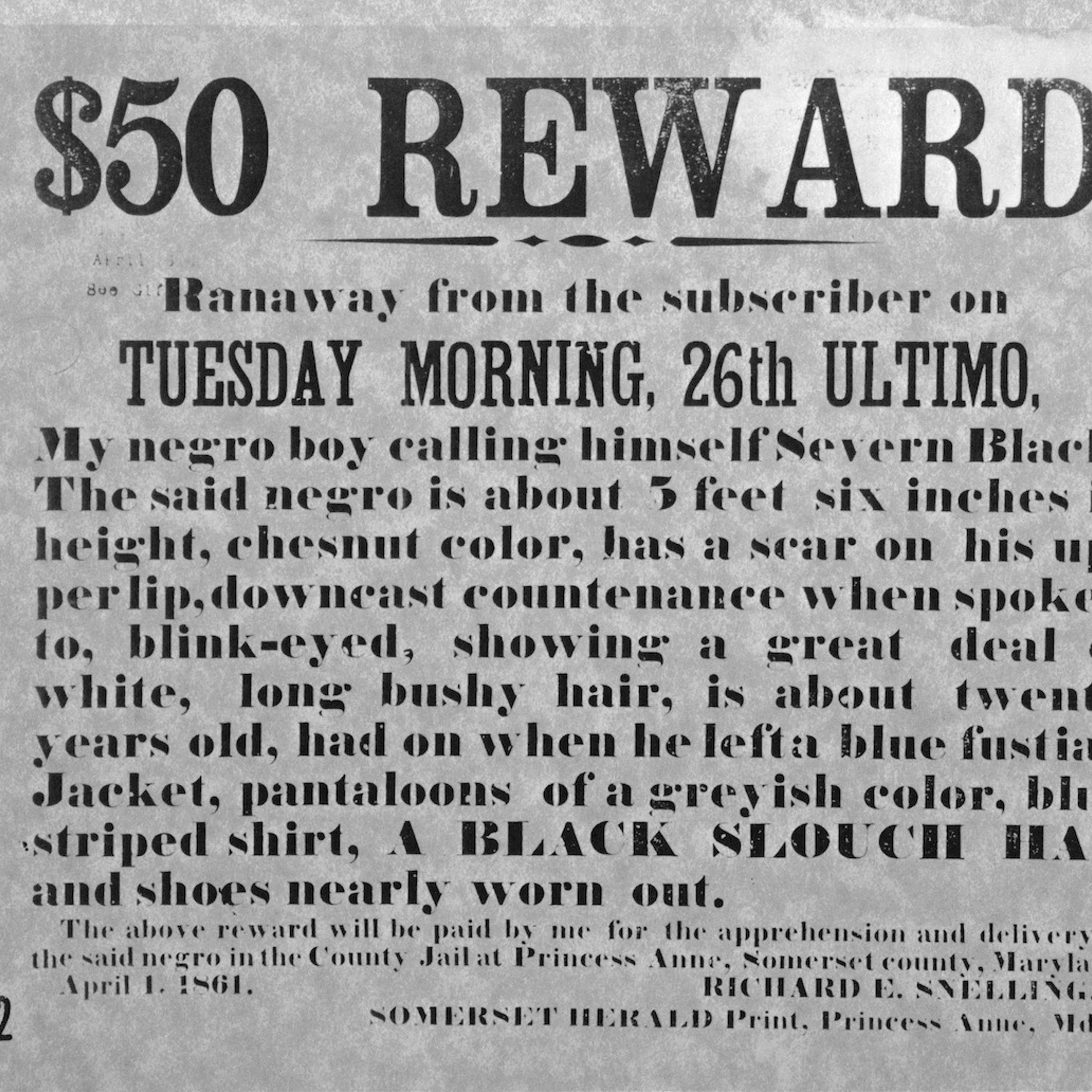Reward Notice For Return Of Runaway Slave