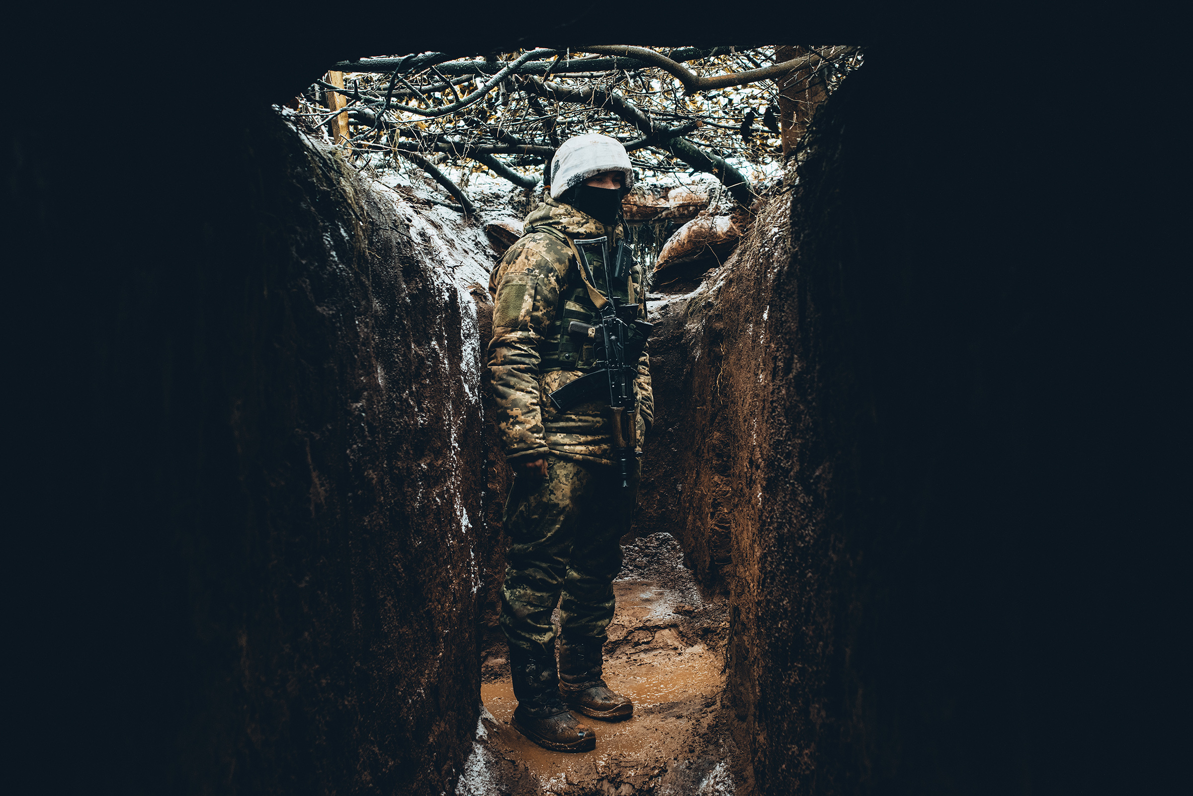 A Ukrainian soldier from the 30th brigade on morning patrol on the front line in the breakaway Donetsk region of Ukraine on Feb. 9, 2022.
