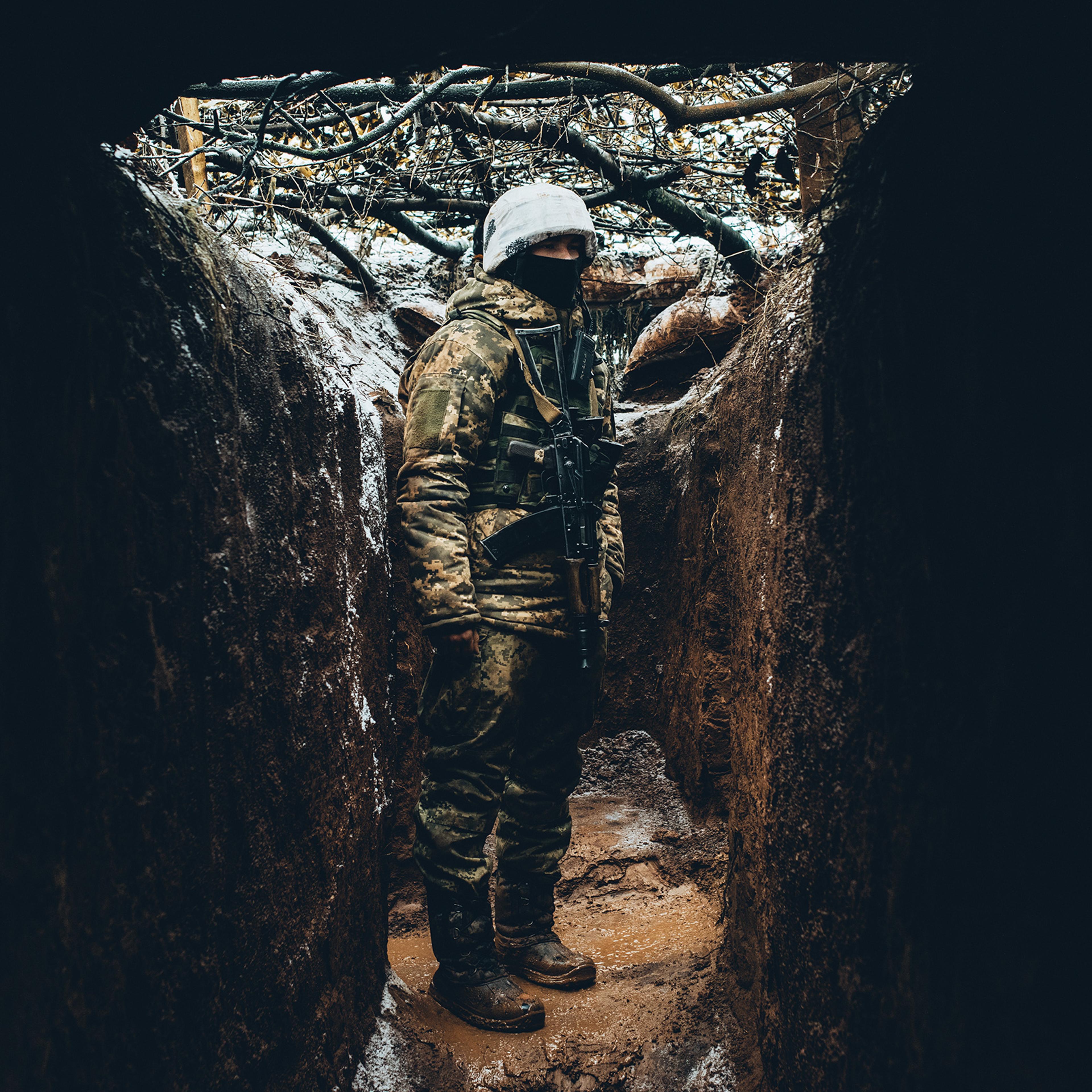 A Ukrainian soldier from the 30th brigade on morning patrol on the front line in the breakaway Donetsk region of Ukraine on Feb. 9, 2022.