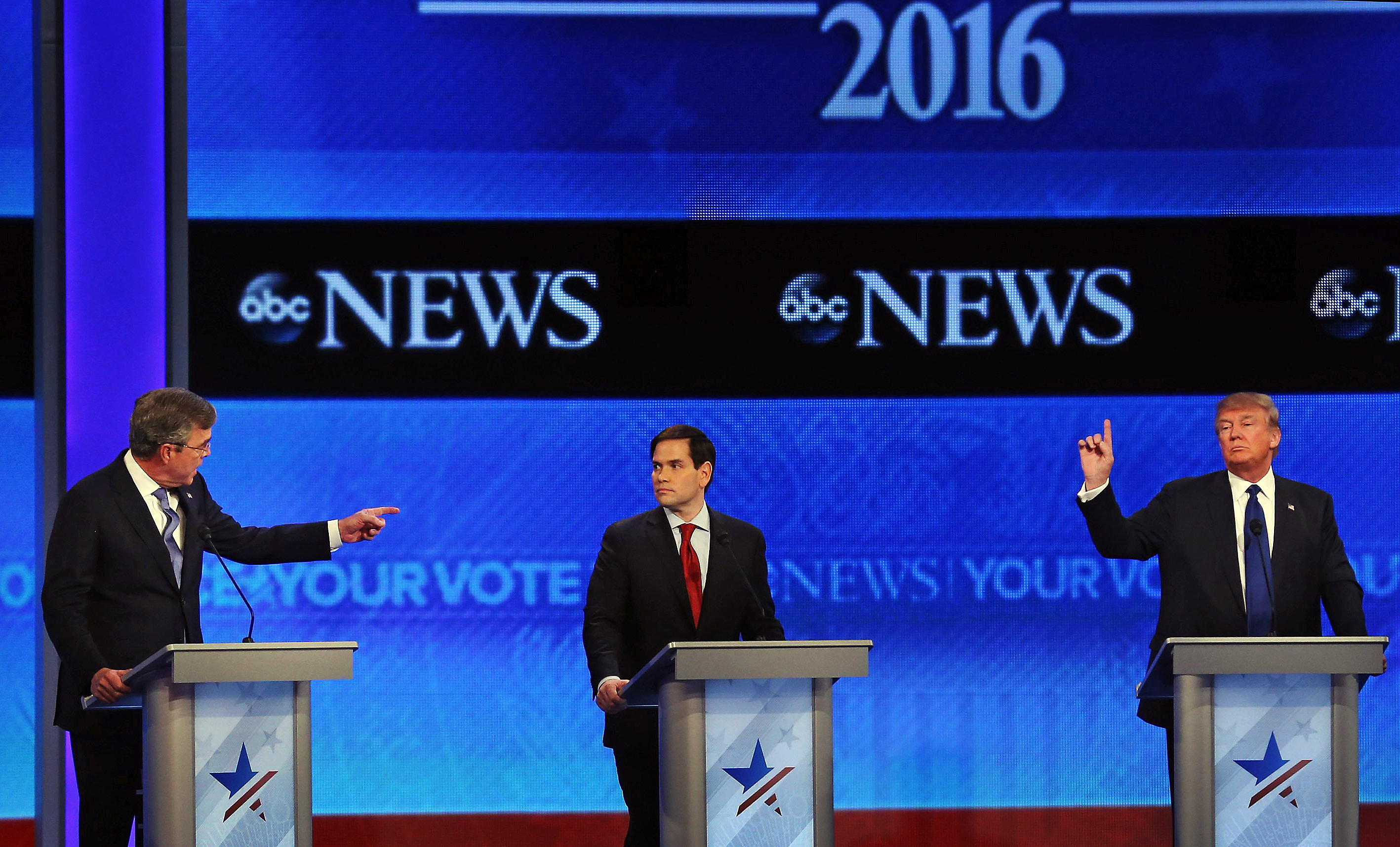 Republican presidential candidates Jeb Bush, Sen. Marco Rubio (r-FL) and Donald Trump participate in a Republican presidential debate on Feb. 6, 2016 at Saint Anselm College in Manchester, N.H.