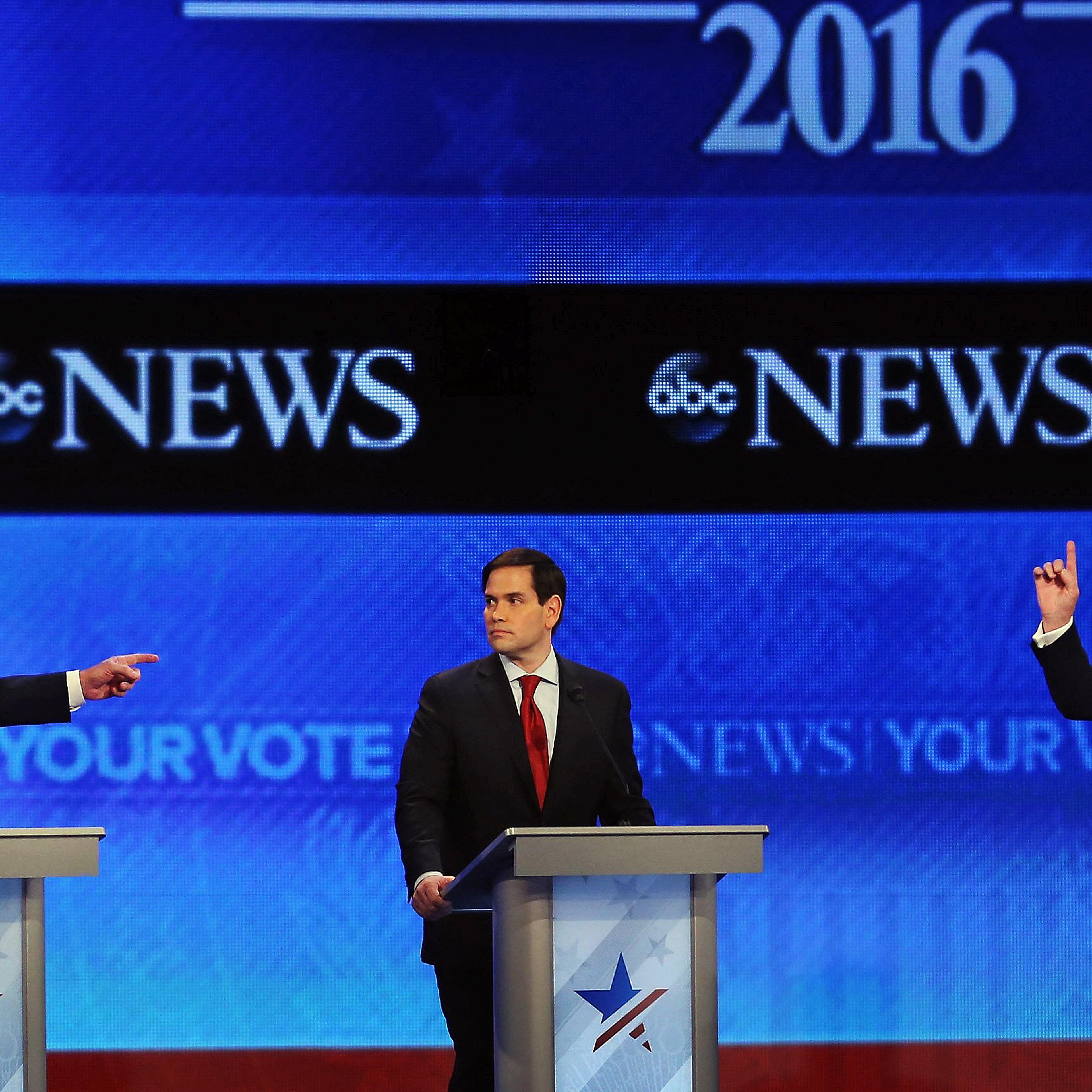Republican presidential candidates Jeb Bush, Sen. Marco Rubio (r-FL) and Donald Trump participate in a Republican presidential debate on Feb. 6, 2016 at Saint Anselm College in Manchester, N.H.