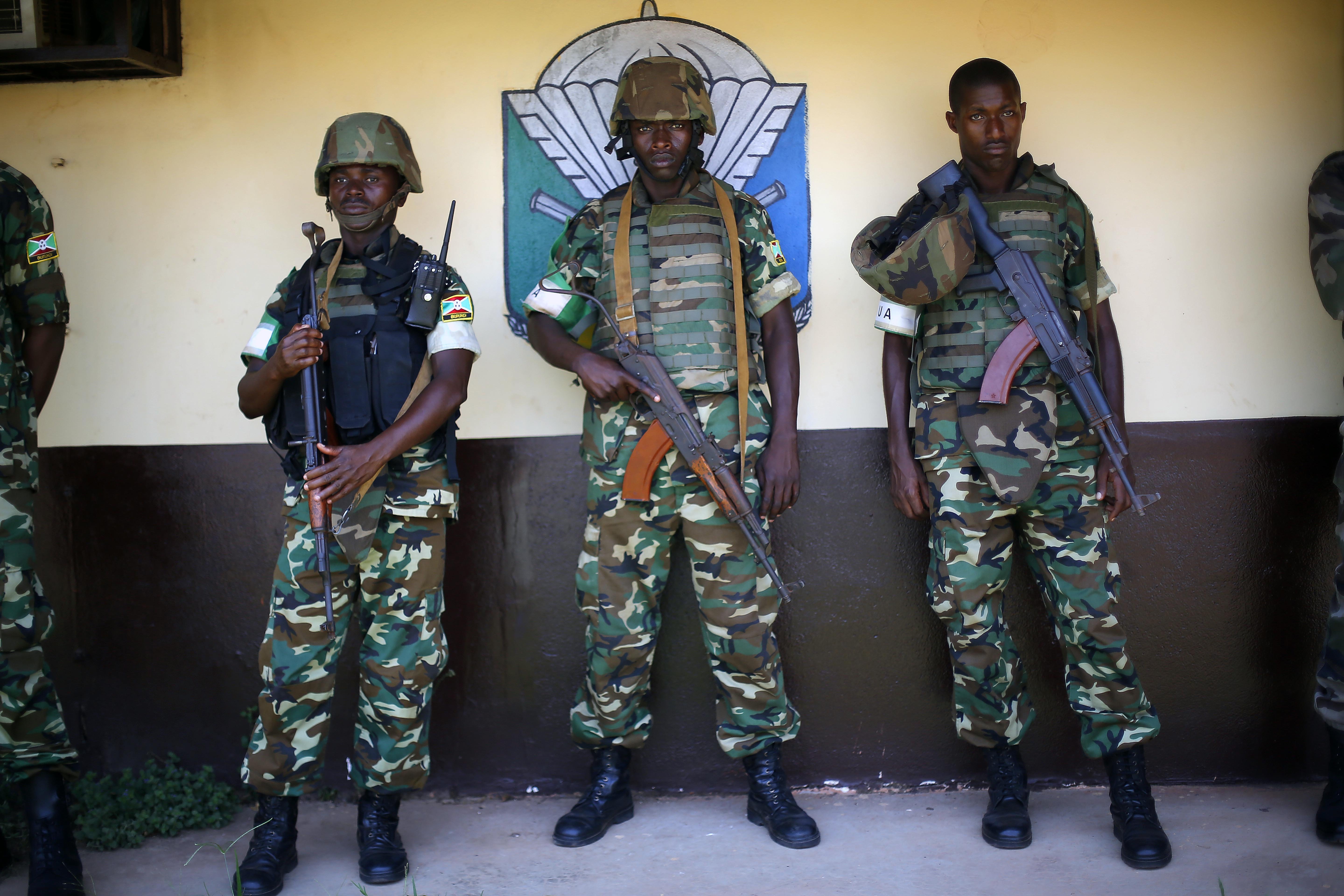 African peacekeeping mission troops known as MISCA,  listen to U.S Ambassador to the U.N Samantha Power in Bangui, Central African Republic.