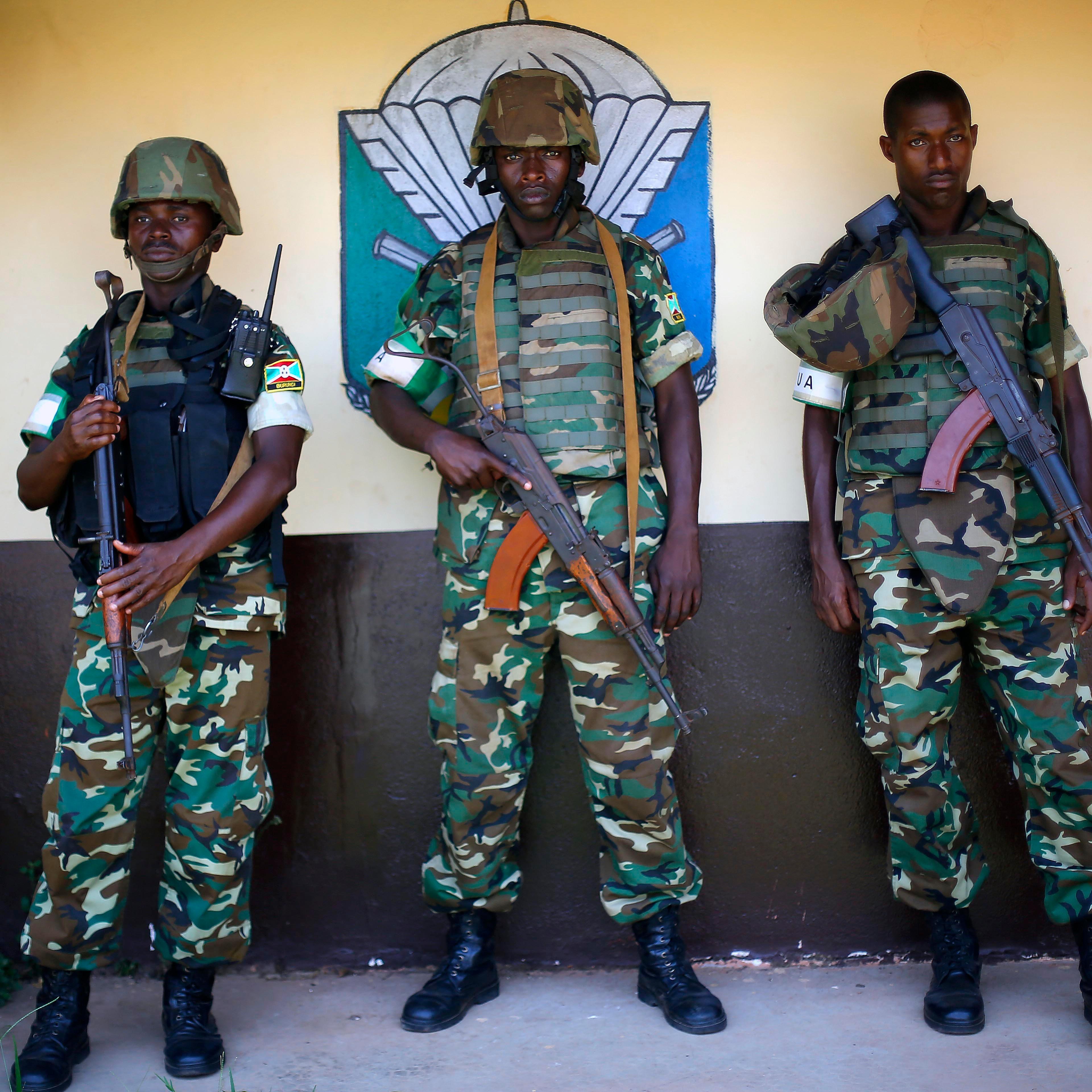 African peacekeeping mission troops known as MISCA, listen to U.S Ambassador to the U.N Samantha Power in Bangui, Central African Republic.
