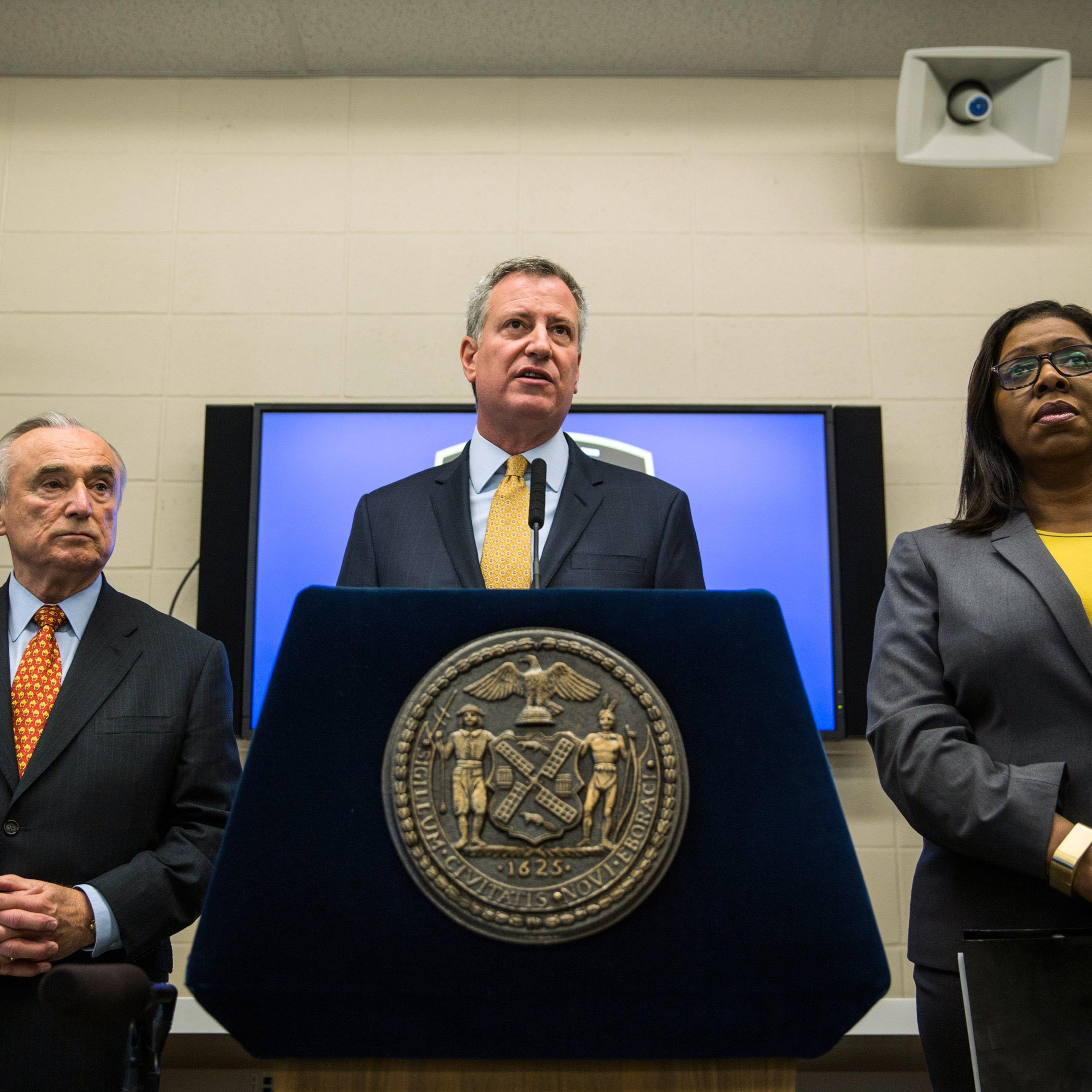 Mayor De Blasio Discusses Use Of Police Body Cameras At Police Academy In Queens