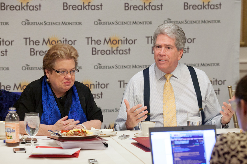 Pollsters Celinda Lake and Ed Goeas speak at a breakfast sponsored by the Christian Science Monitor in Washington on Tuesday, March 25, 2014. Photo courtesy of the Christian Science Monitor.