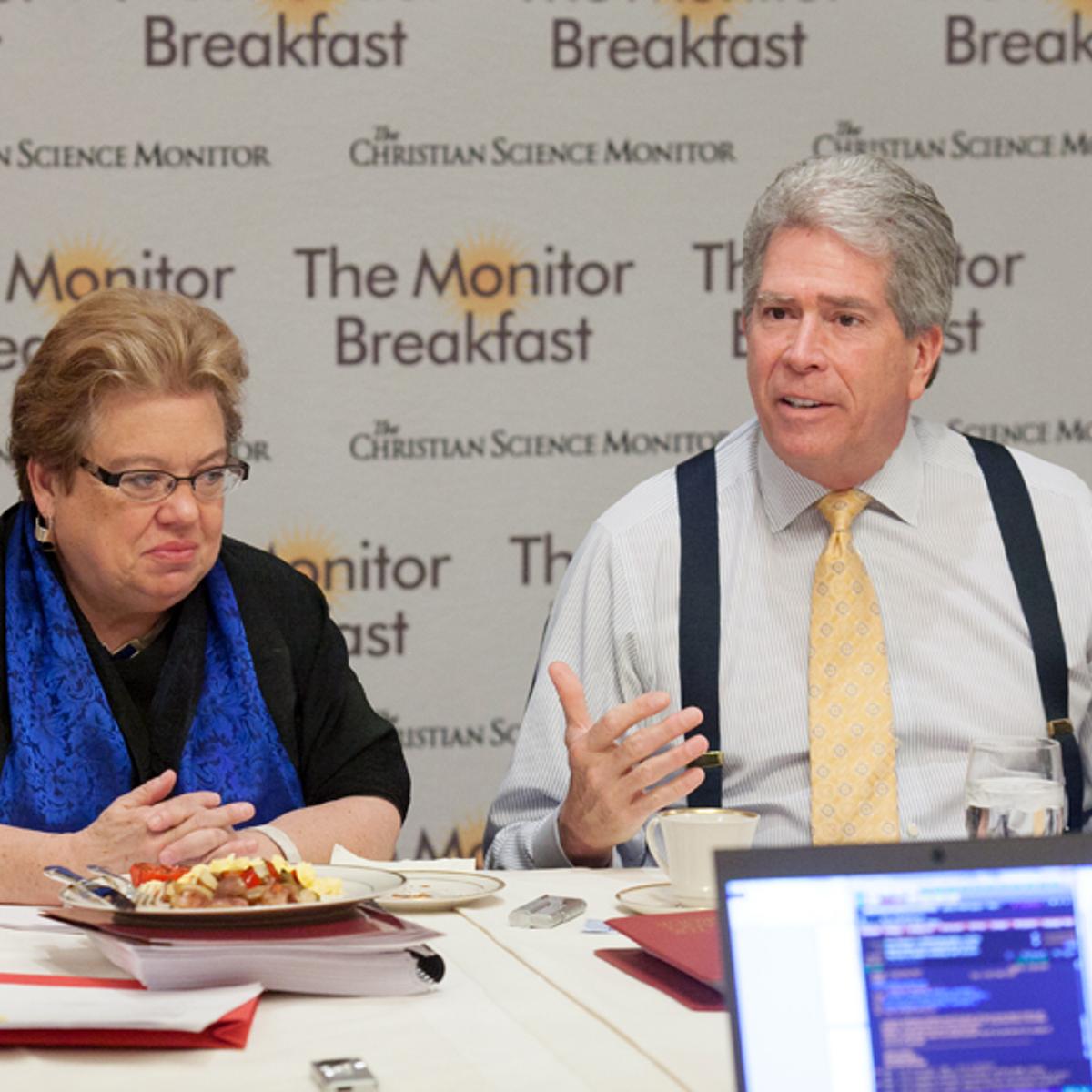 Pollsters Celinda Lake and Ed Goeas speak at a breakfast sponsored by the Christian Science Monitor in Washington on Tuesday, March 25, 2014. Photo courtesy of the Christian Science Monitor.