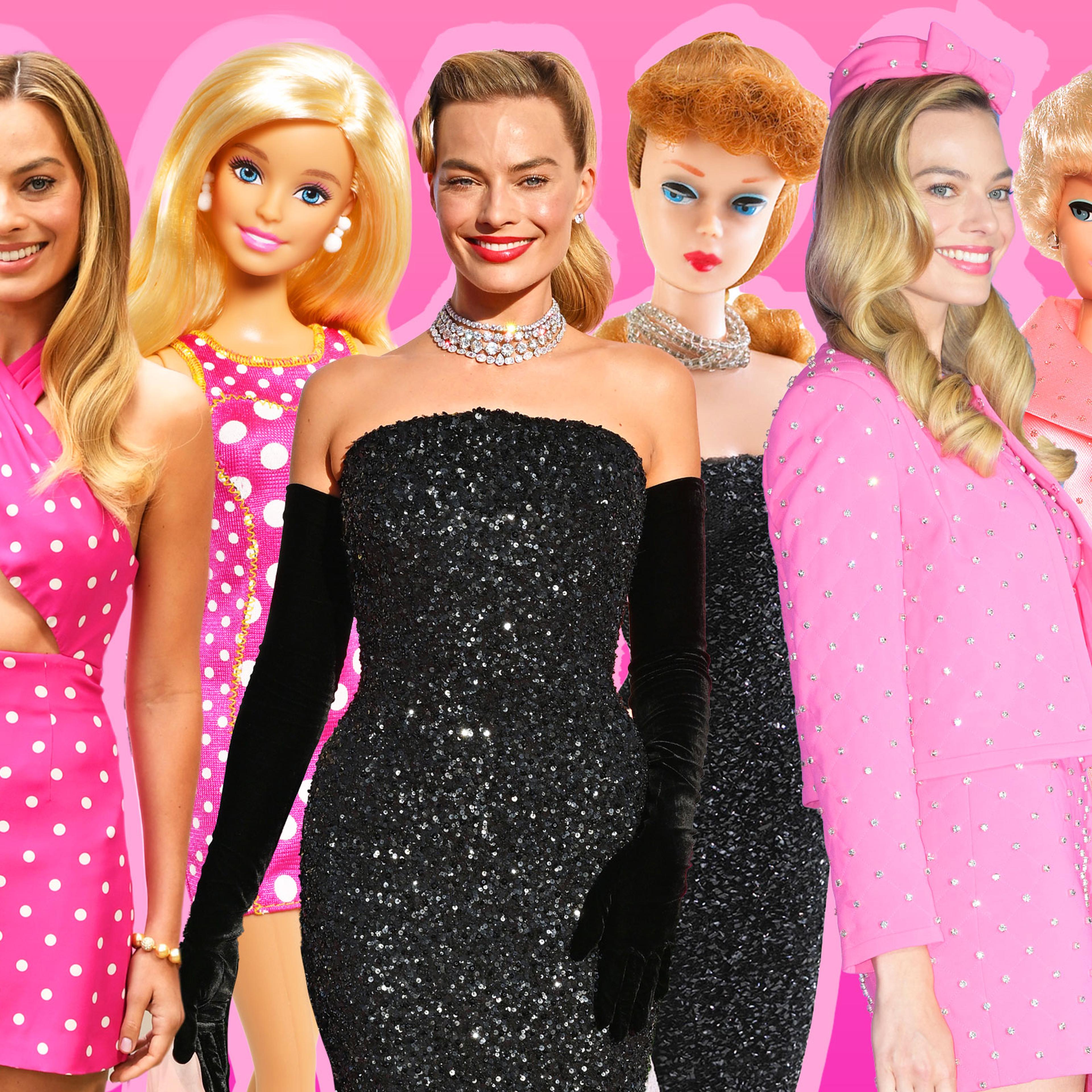 A collage of images of Margot Robbie on the red carpet for the Barbie movie mixed with the Barbie dolls that match her outfit