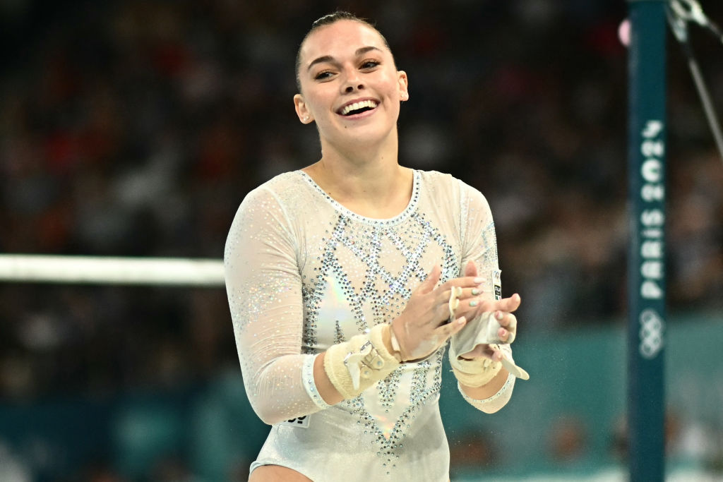 Italy's Giorgia Villa competes in the uneven bars event of the artistic gymnastics women's team final during the Paris 2024 Olympic Games at the Bercy Arena in Paris, on July 30, 2024.