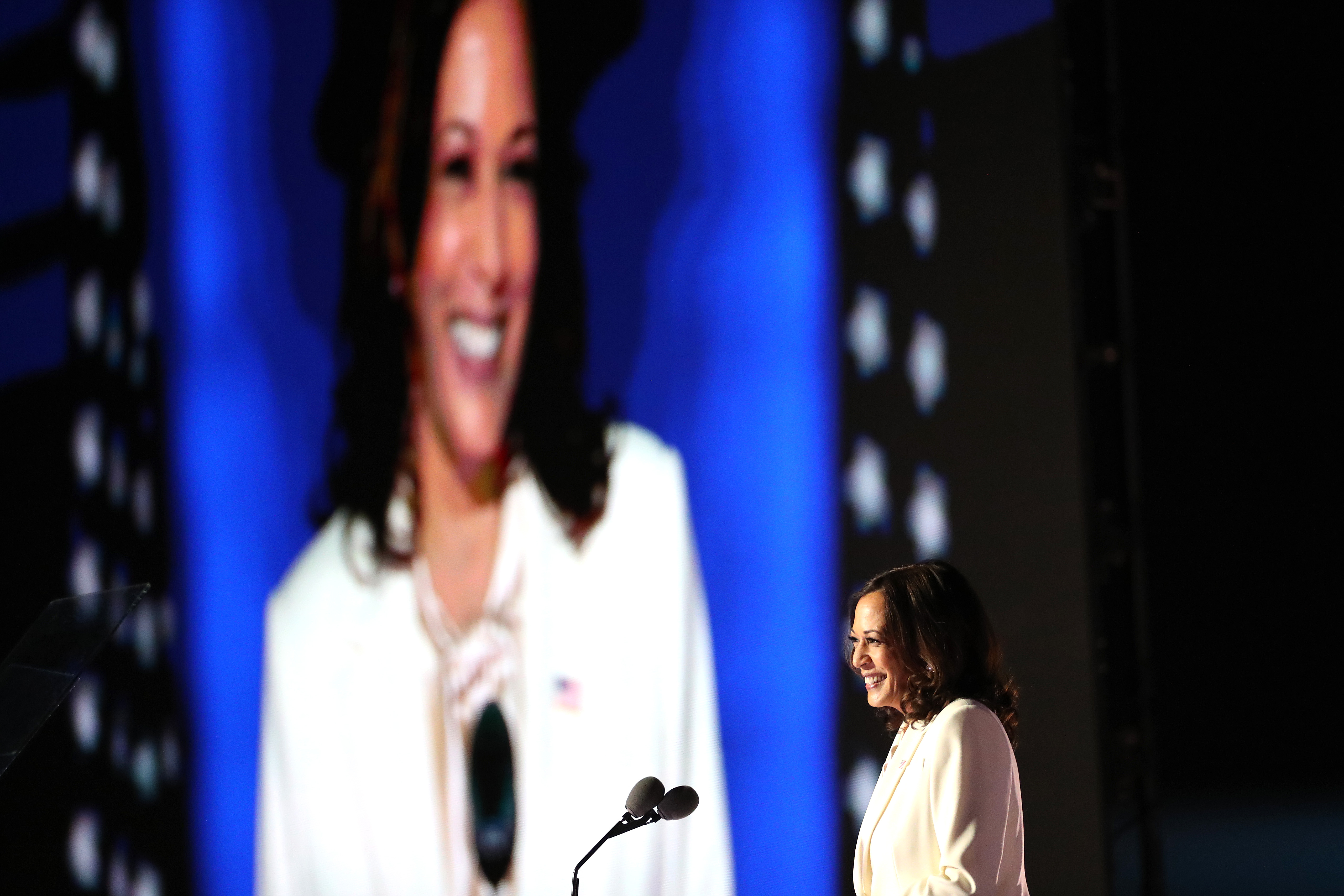 Vice President-elect Kamala Harris speaks on stage at the Chase Center in Wilmington, Del. on Nov. 07, 2020.