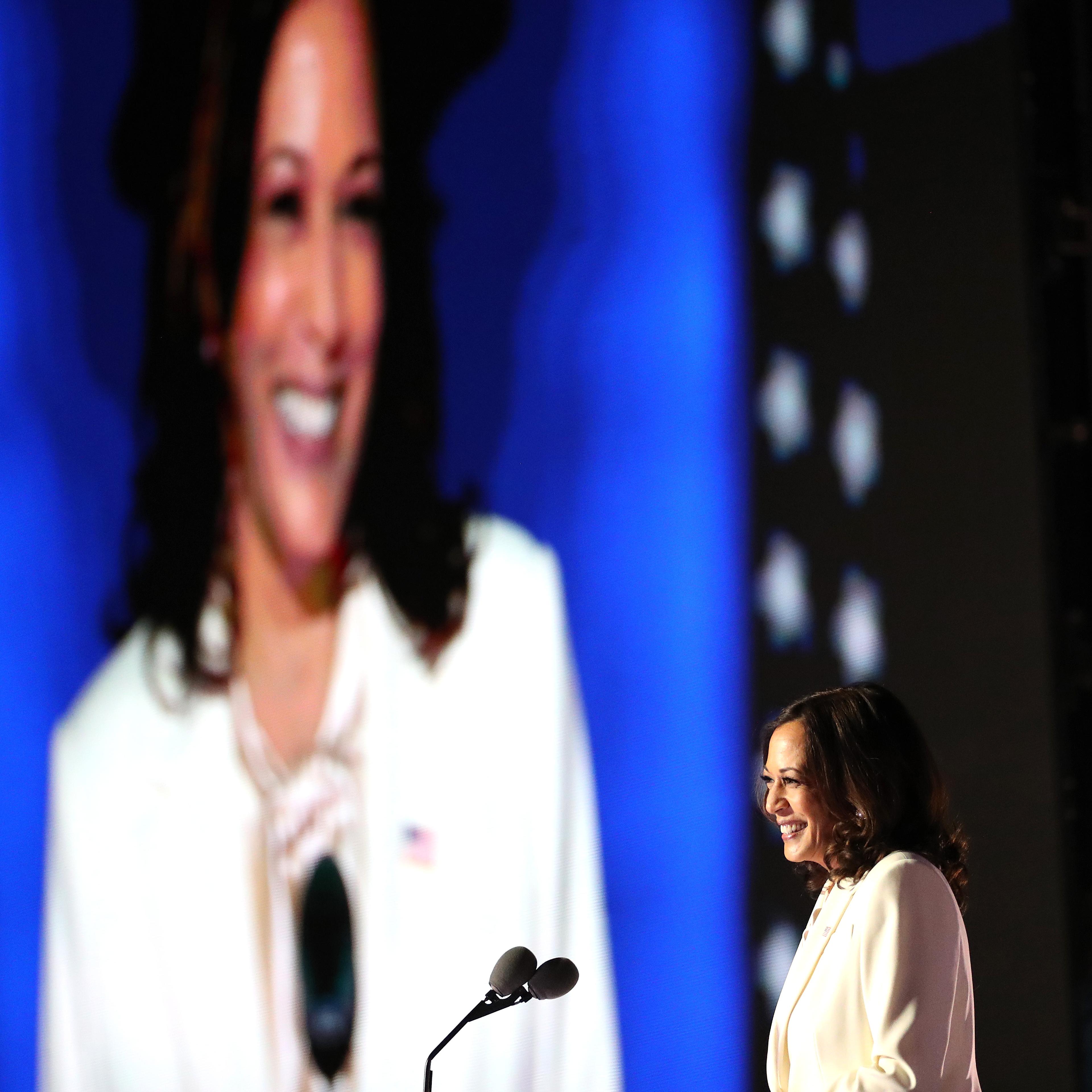 Vice President-elect Kamala Harris speaks on stage at the Chase Center in Wilmington, Del. on Nov. 07, 2020.
