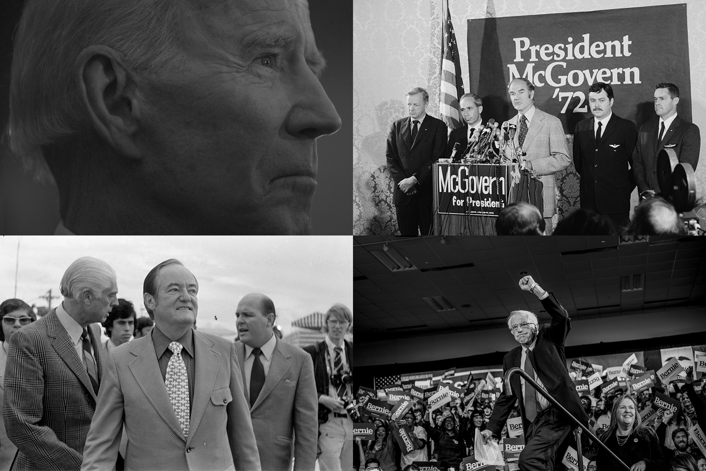 From top left, clockwise: Joe Biden during a community event in Fort Dodge, Iowa, on Jan. 21; George McGovern urges U.N. Security Council to take action to prevent air hijackings in New York June 19, 1972; Bernie Sanders during a rally at the Holiday Inn in Des Moines, Iowa, on Feb. 3; Hubert Humphrey visits the Miami airport during the Democratic National Convention in Florida on July 10, 1972.