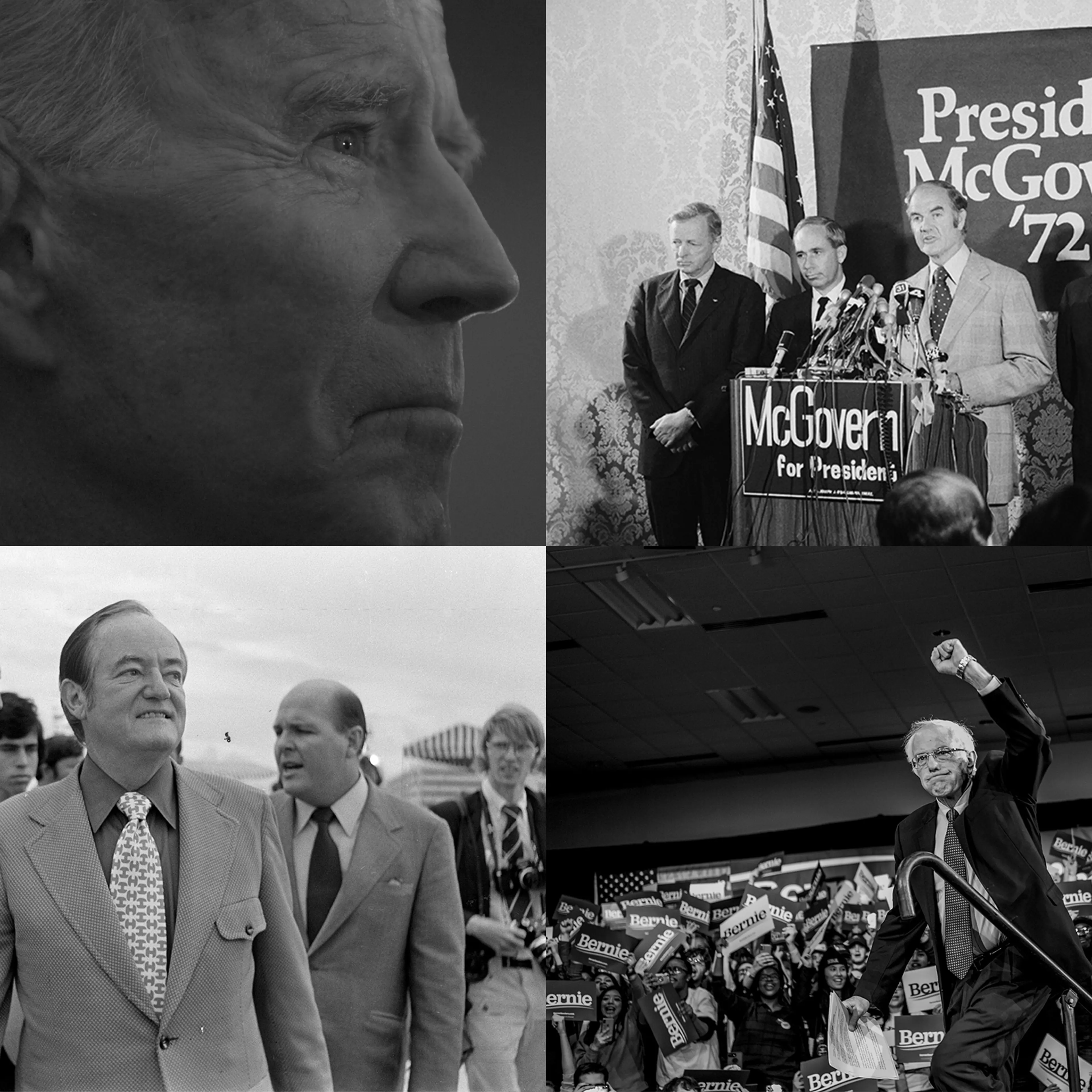 From top left, clockwise: Joe Biden during a community event in Fort Dodge, Iowa, on Jan. 21; George McGovern urges U.N. Security Council to take action to prevent air hijackings in New York June 19, 1972; Bernie Sanders during a rally at the Holiday Inn in Des Moines, Iowa, on Feb. 3; Hubert Humphrey visits the Miami airport during the Democratic National Convention in Florida on July 10, 1972.