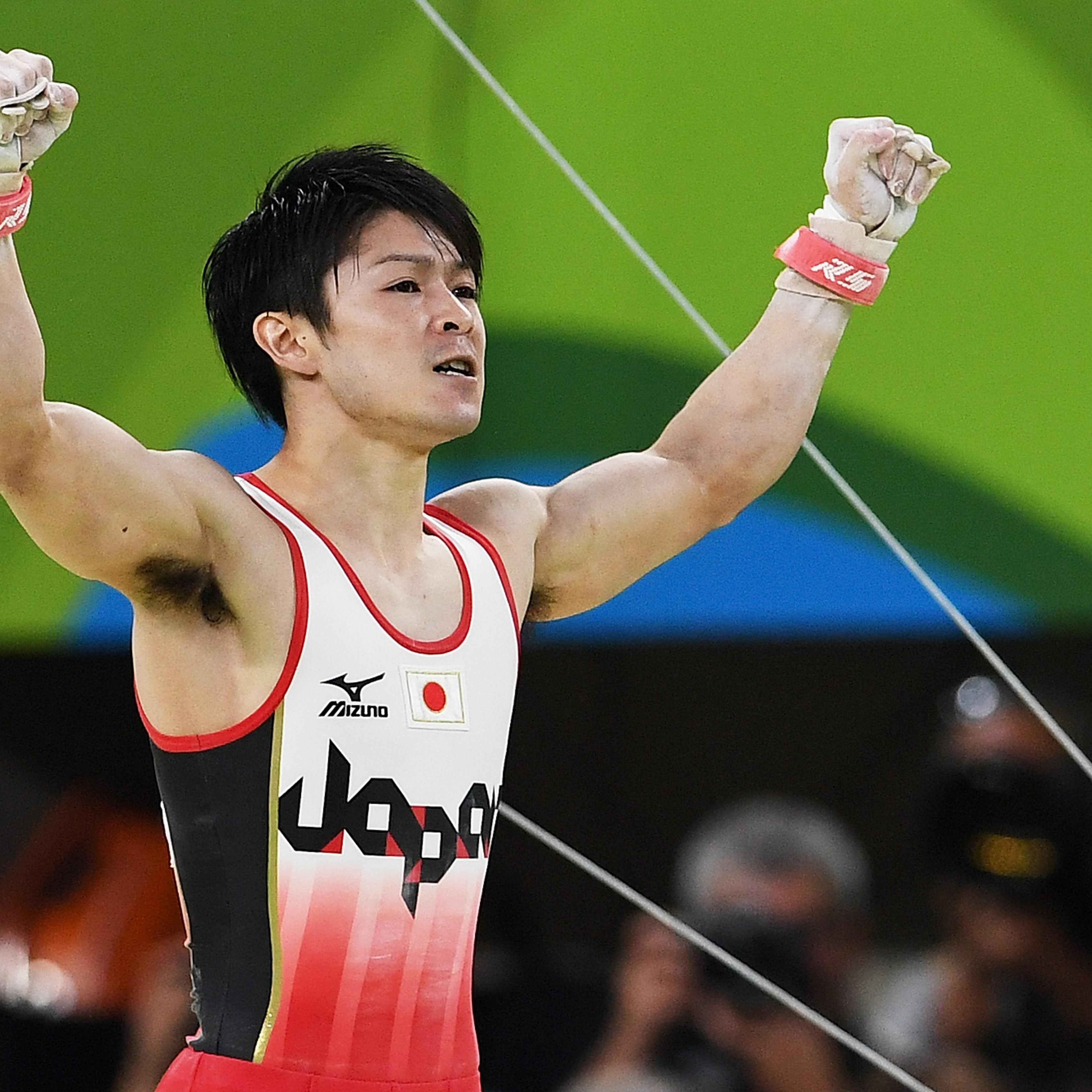 Kohei Uchimura of Japan reacts after competing on the horizontal bar during the Men's Individual All-Around final on Day 5 of the Rio 2016 Olympic Games at the Rio Olympic Arena on Aug. 10, 2016 in Rio de Janeiro.