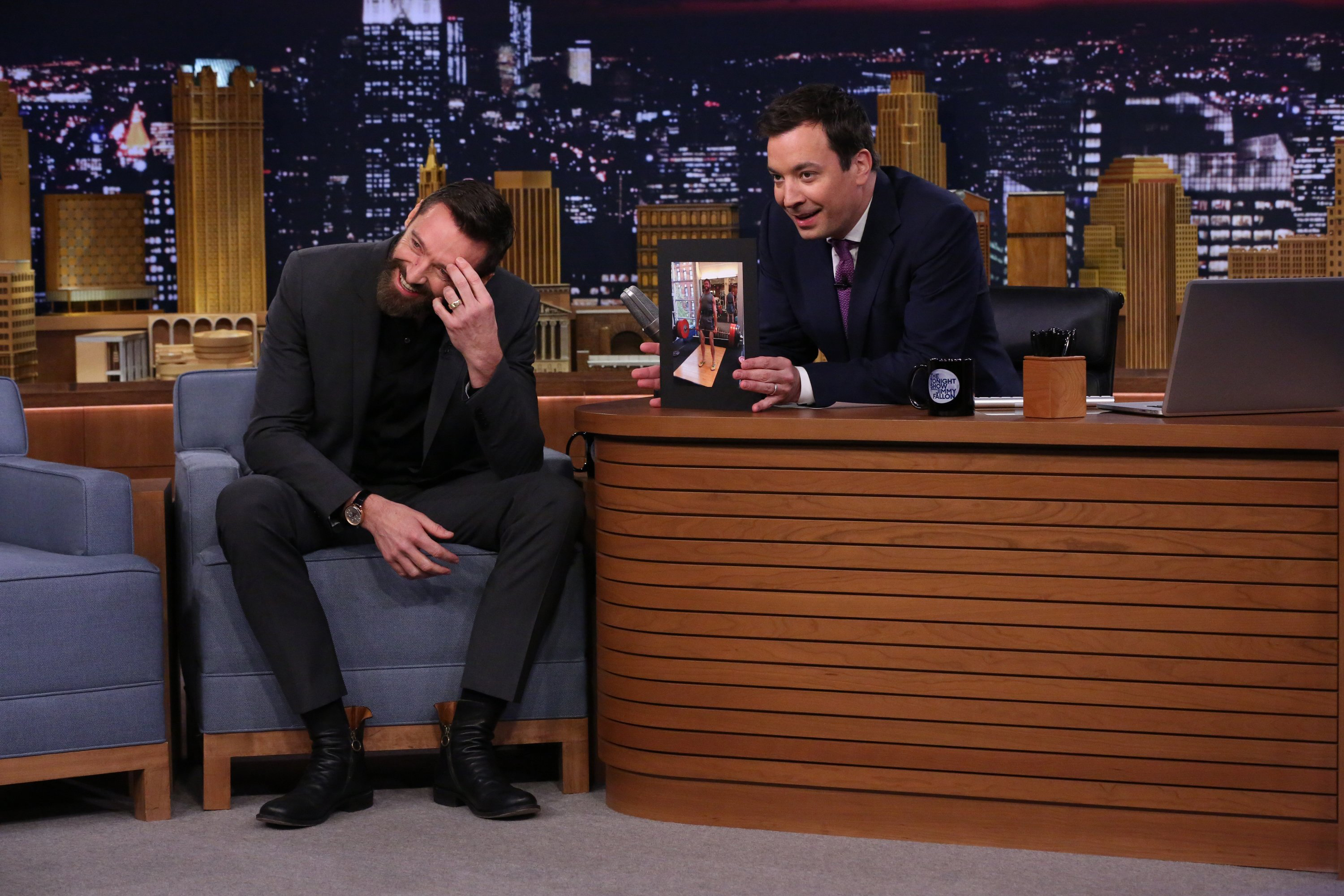 Hugh Jackman on the Tonight Show with host Jimmy Fallon on May 21, 2014.