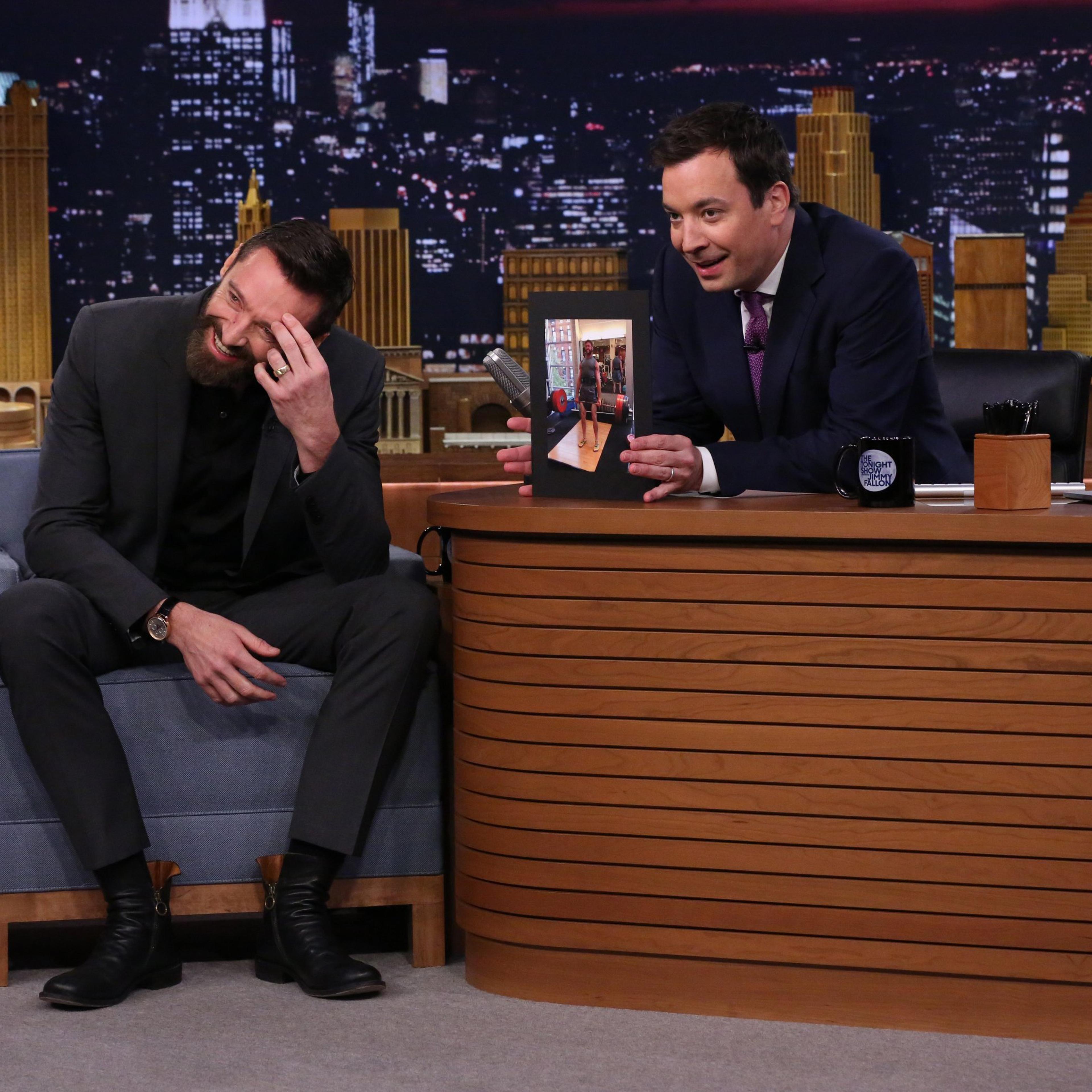 Hugh Jackman on the Tonight Show with host Jimmy Fallon on May 21, 2014.