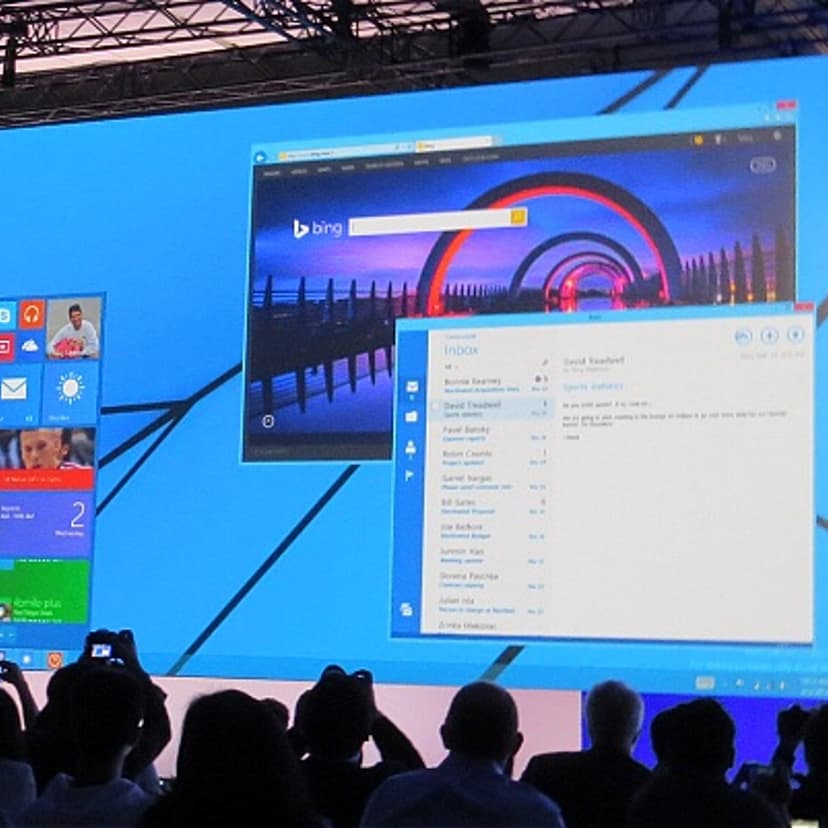 Developers look at a preview of an upcoming version of Windows with a Start menu at the Build conference in San Francisco on April 2, 2014