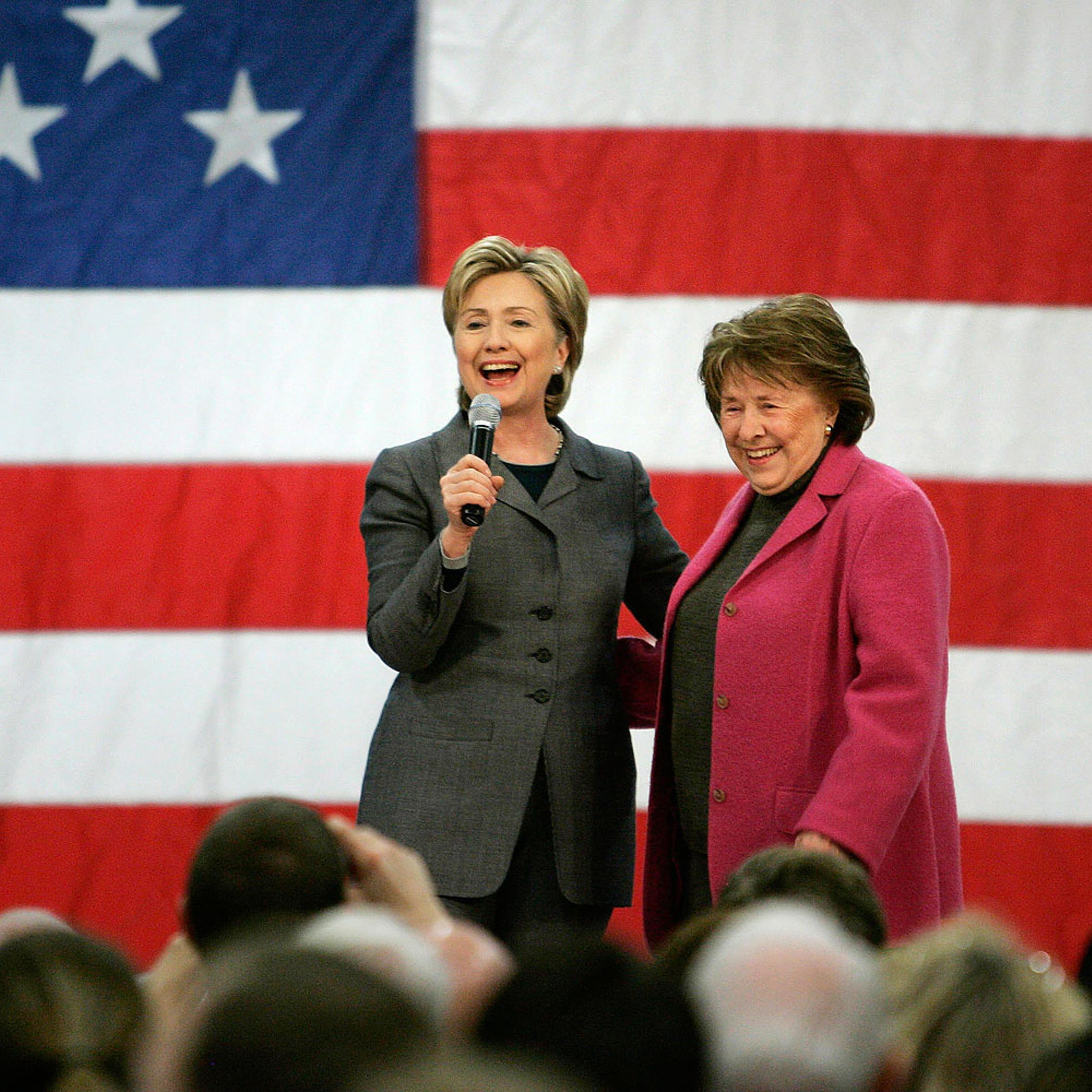U.S. Presidential candidate, Senator Hillary Clinton (D-NY) speaks on stage with her mother Dorothy Rodham, during a rally in Des Moines