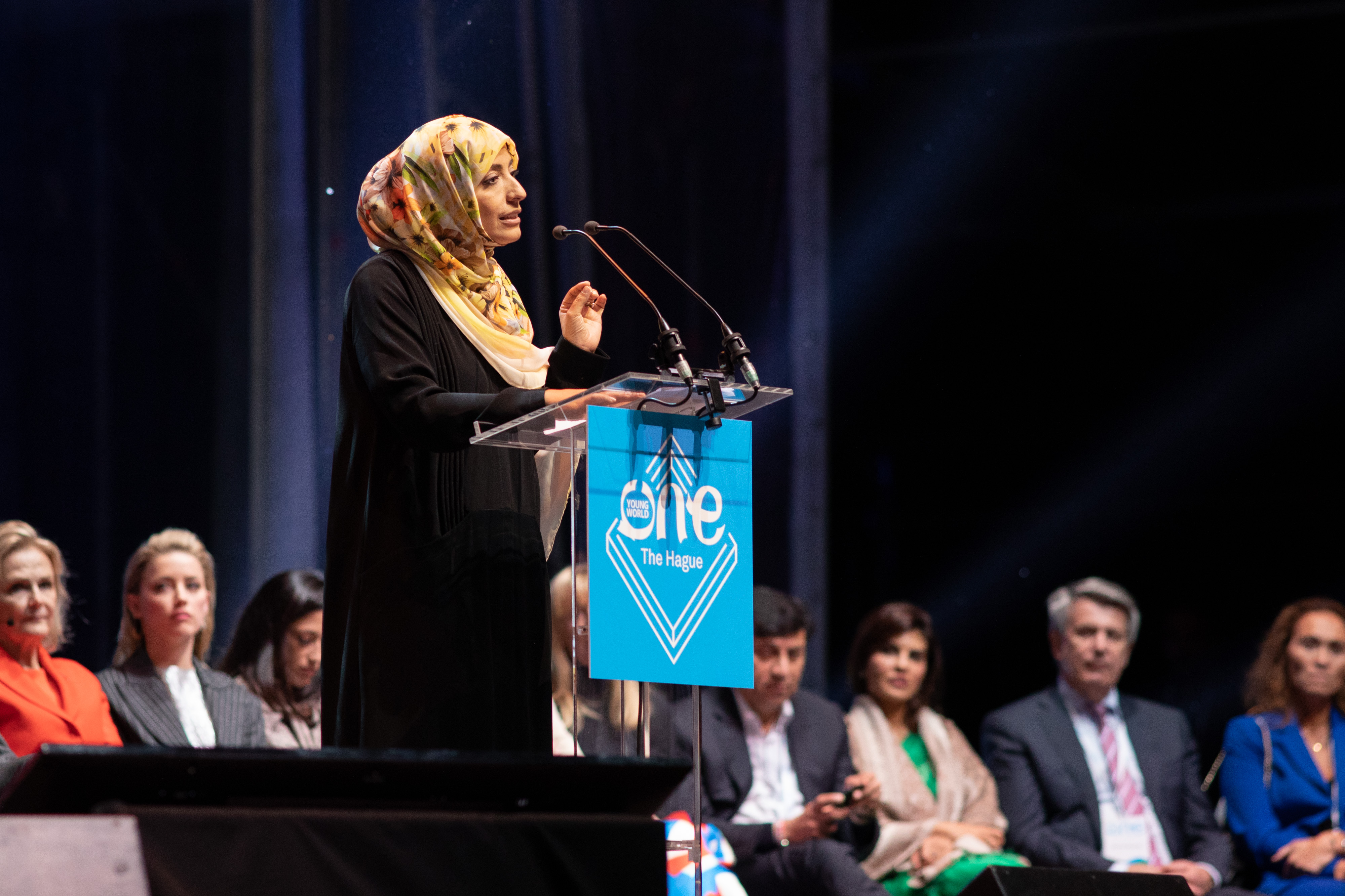 Tawakkol Karman speaks at the One Young World opening ceremony in The Hague, on October 17, 2018.