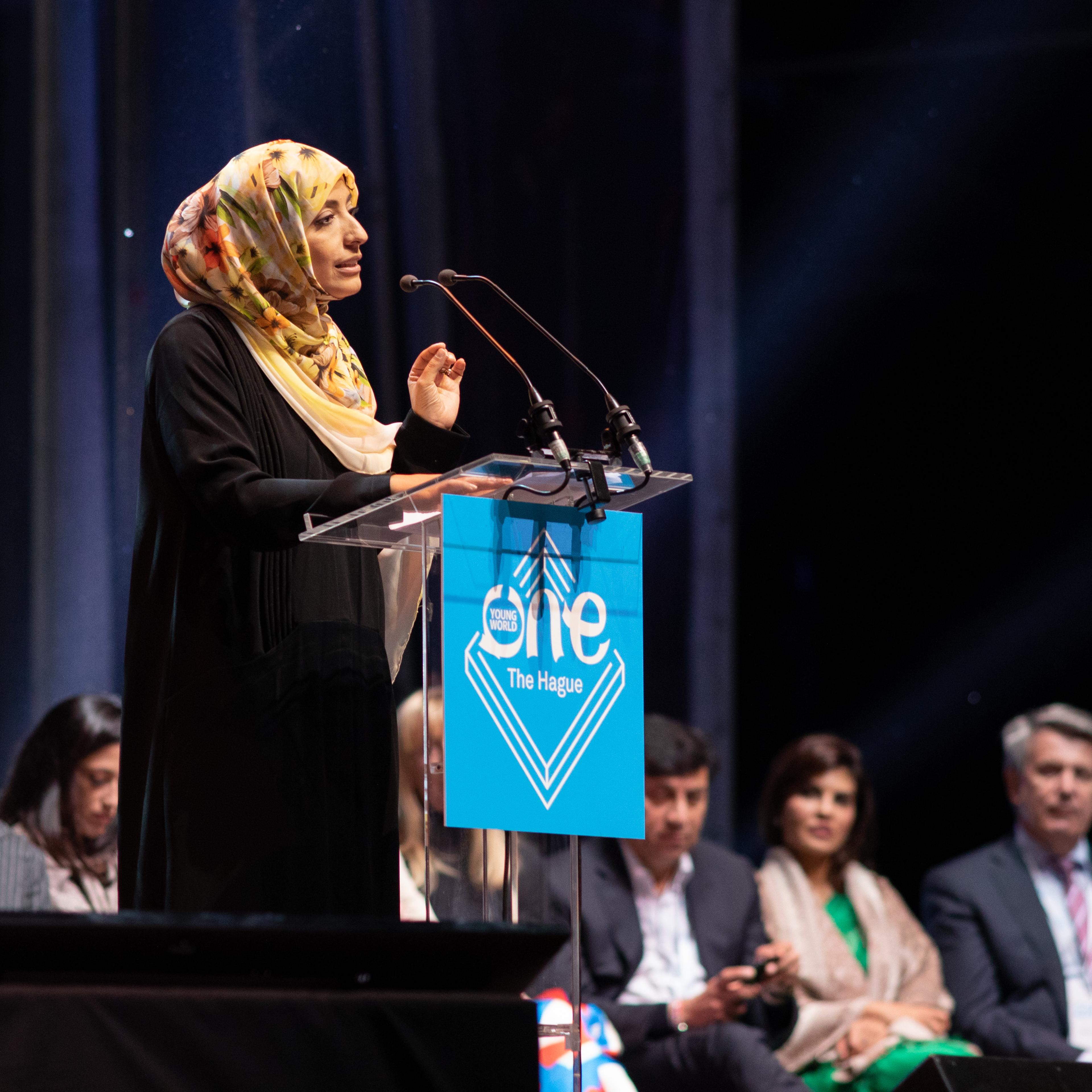 Tawakkol Karman speaks at the One Young World opening ceremony in The Hague, on October 17, 2018.