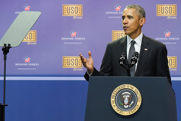 President Barack Obama speaks during the 75th Anniversary USO Show at Joint Base Andrews on May 5, 2016 in Camp Springs, Md.